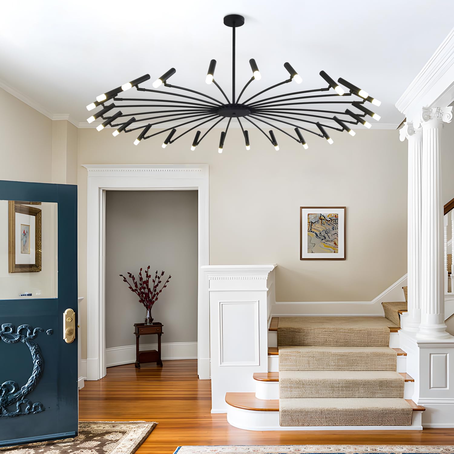 Extra Large Modern Chandelier for High Ceiling - Mid Century Sputnik Style Black Flush Mount Ceiling Light - Contemporary Lighting for Living Room, Dining Room, Foyer & Bedroom - Perfect for Modern Home Decor & Luxury Interior Design