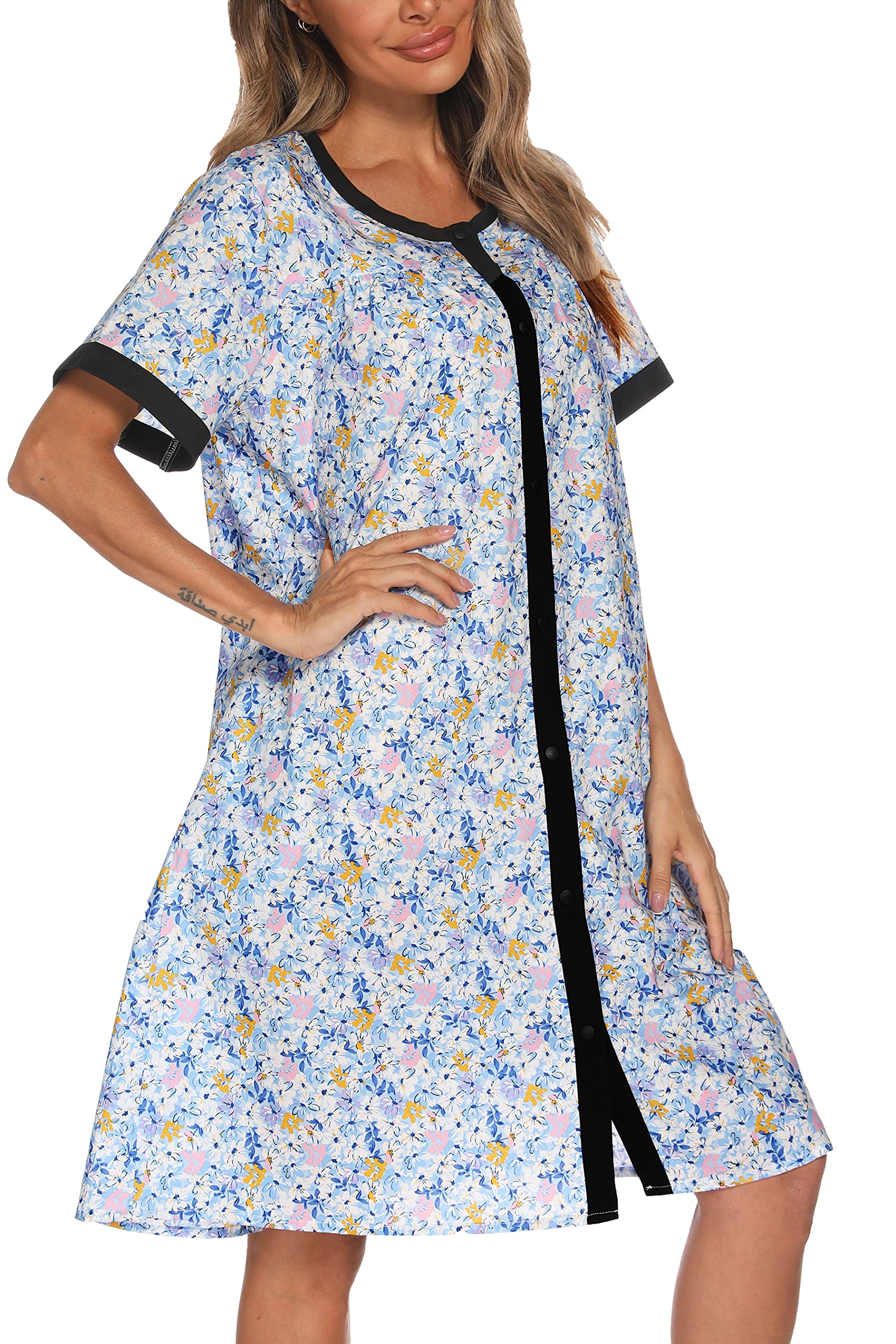 YOZLY Women's Short Sleeve House Dress - Comfortable Duster Robe & Moomoo Nightgown with Pockets | Perfect for Lounging, Sleeping & Home Wear