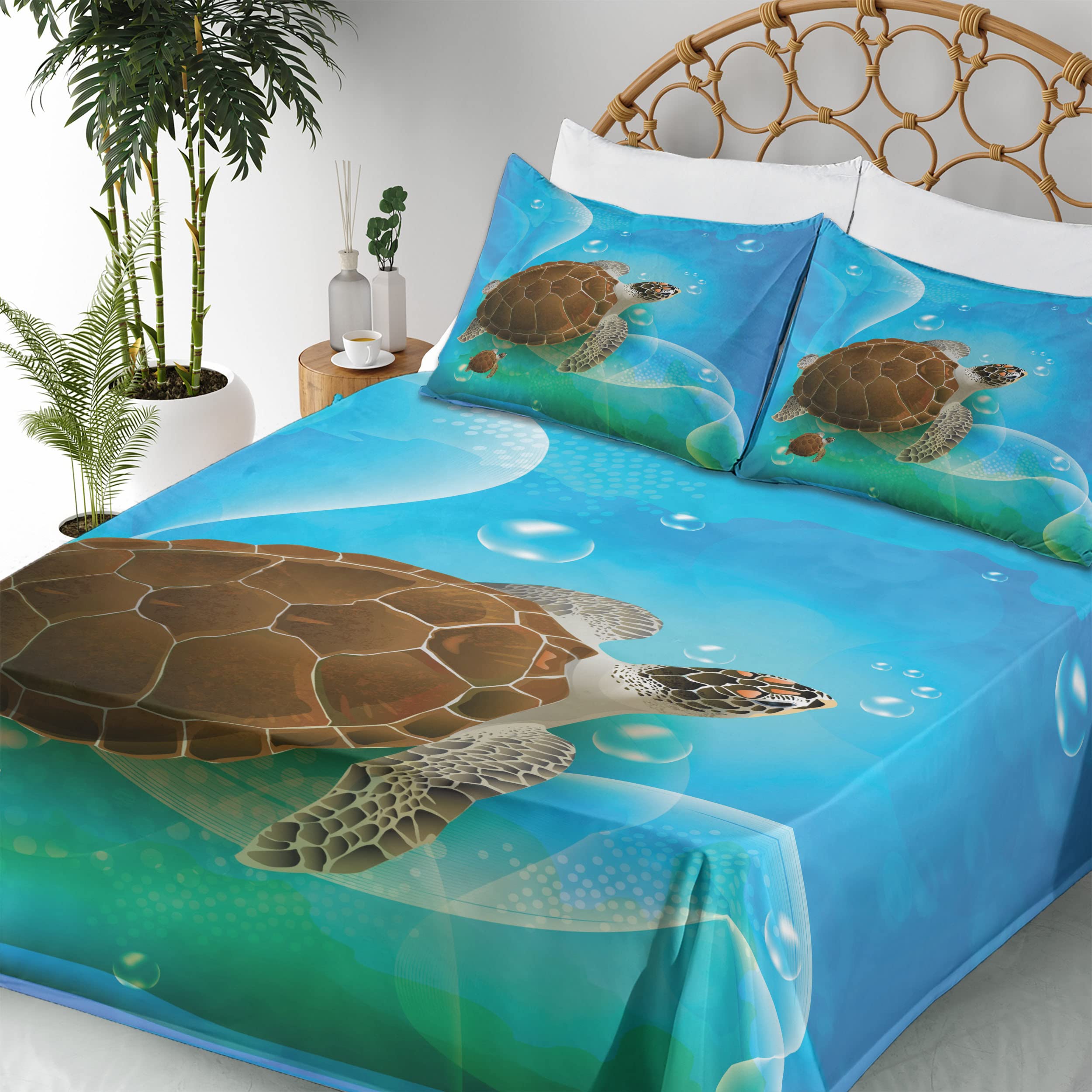 Ambesonne Ocean Themed 4-Piece King Size Sheet Set - Turtle Family Swimming in Underwater Bubbles Cartoon Design, Fitted & Flat Sheets with Pillowcases, Green Blue Brown | Perfect for Kids' Rooms, Beach Themed Bedrooms & Marine Life Decor