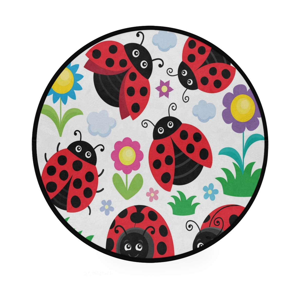 ALAZA Cartoon Ladybug Sunflower Round Area Rug - 3' Diameter (92 cm) Non-Slip Soft Floor Mat for Living Room, Bedroom, Nursery | Kids Playroom Decor, Cozy Home Accent