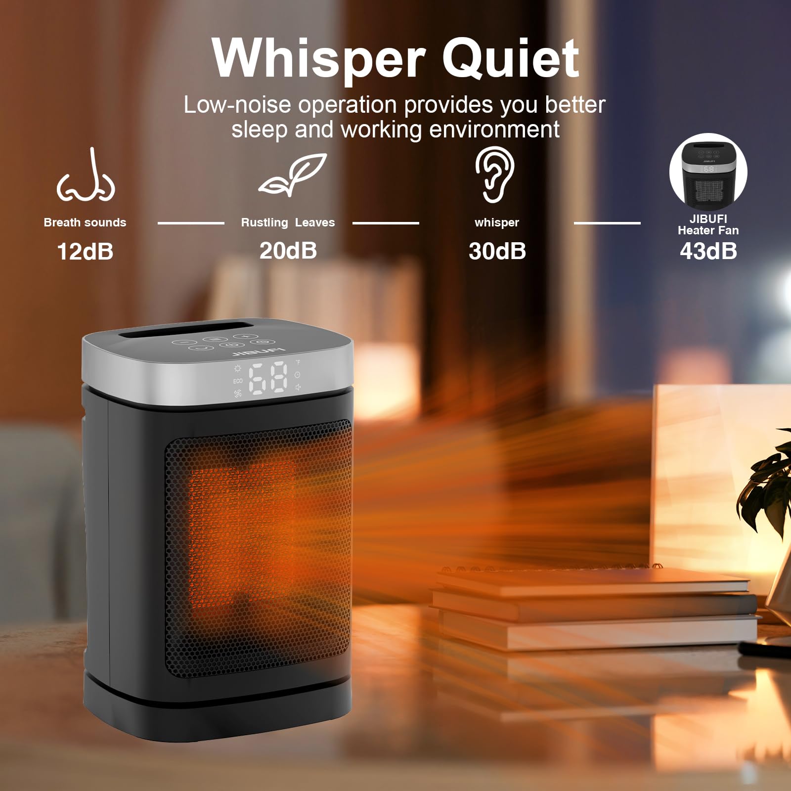 JIBUFI 1500W PTC Electric Space Heater - Small Portable Indoor Heater with 70° Rotation, Fast & Safe Heating, Remote Control, 1-12 Hour Timer - Perfect for Bedroom, Office, Home & Winter Use (Silver)