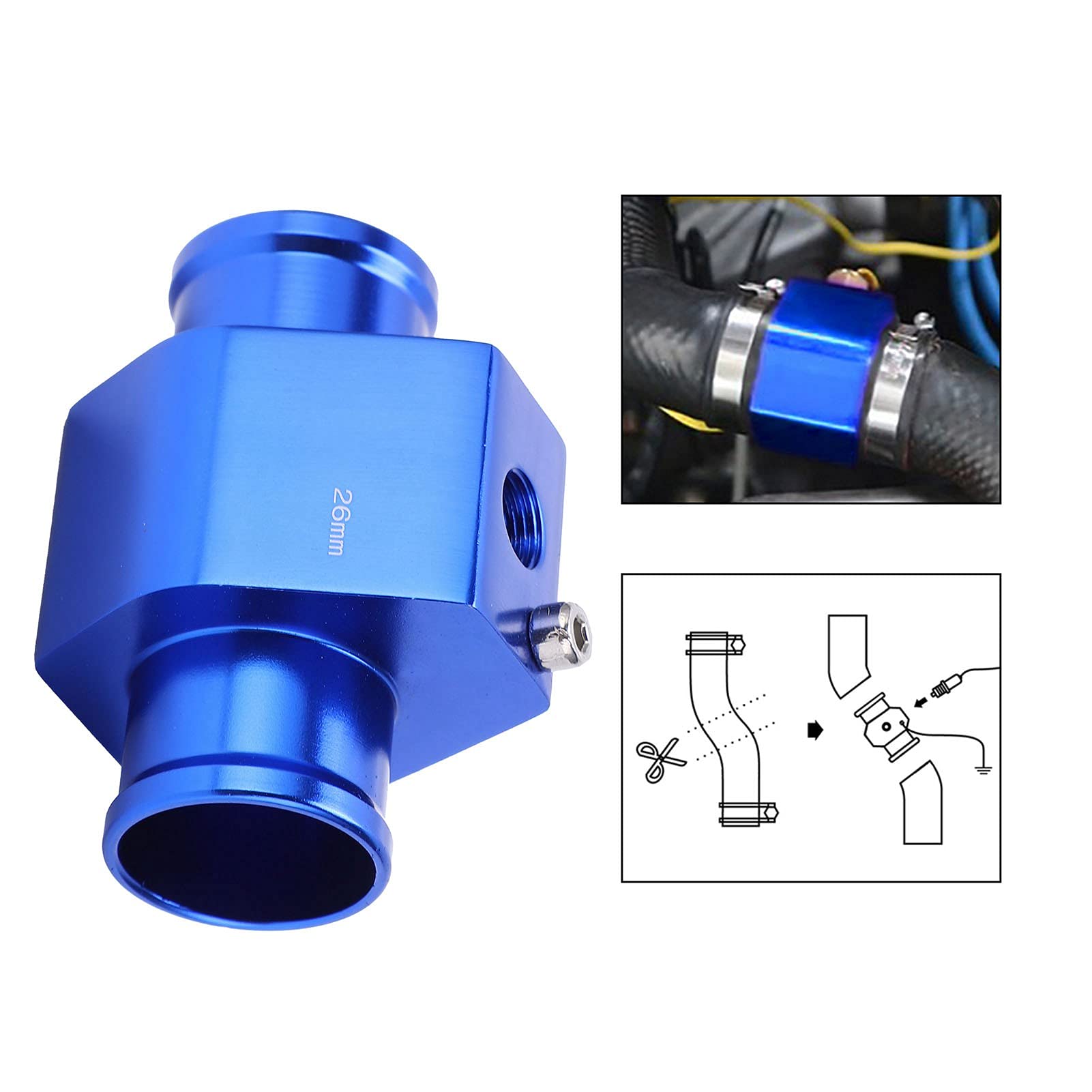 Universal Aluminum Water Temperature Joint Pipe Sensor Gauge - 26mm Blue Radiator Hose Adapter with Clamps for Car, Truck & Motorcycle Engine Cooling Systems