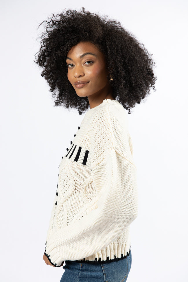 Ivory and Black Contrast Stitch Detail Sweater for Women - Cozy Knit Pullover with Unique Hand Stitching - Perfect for Fall Layering, Casual Outfits & Holiday Gatherings