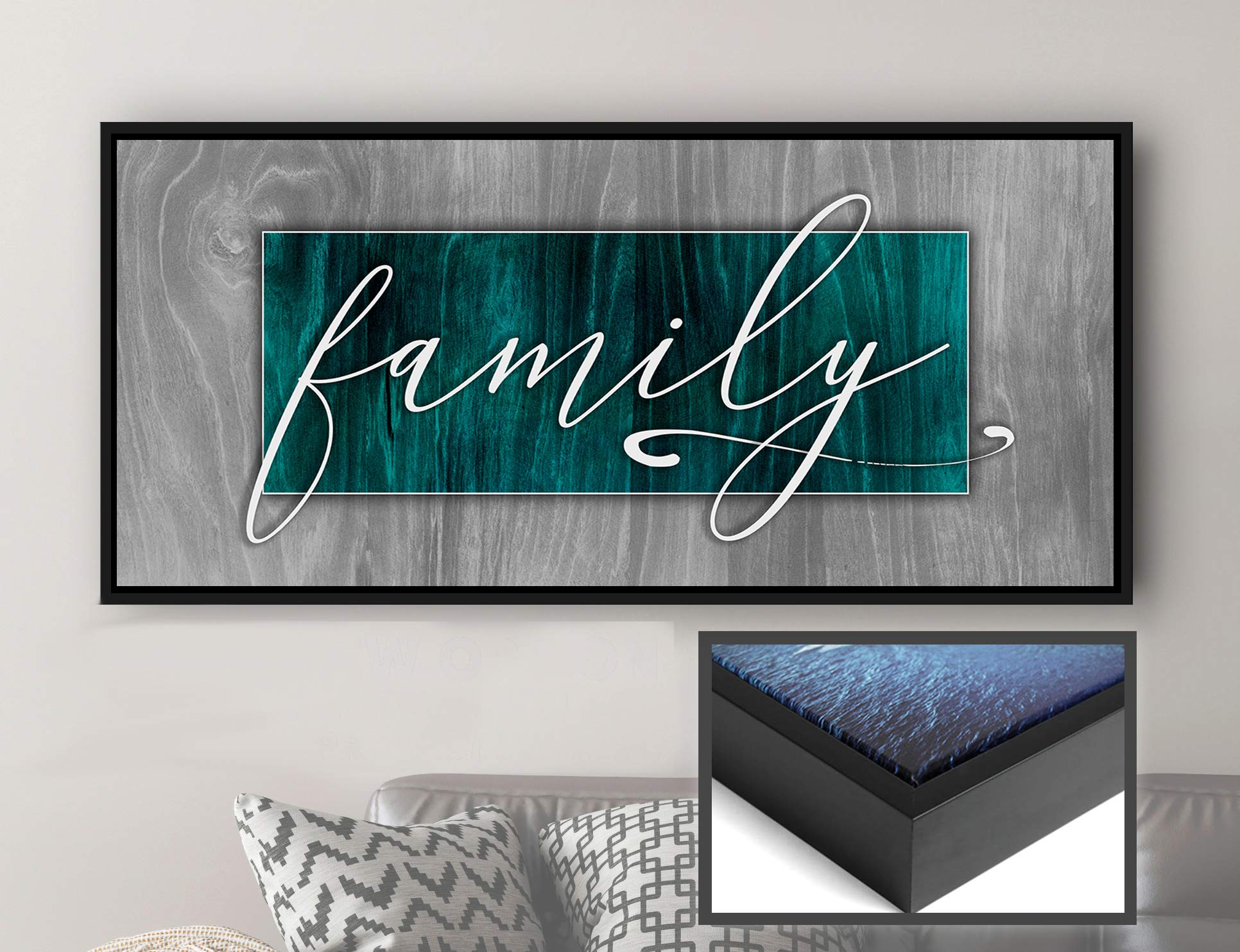 Farmhouse Family Sign Wall Decor - Rustic Teal & Black Floating Frame 42x19 - Perfect for Living Room, Entryway & Farmhouse Style Homes