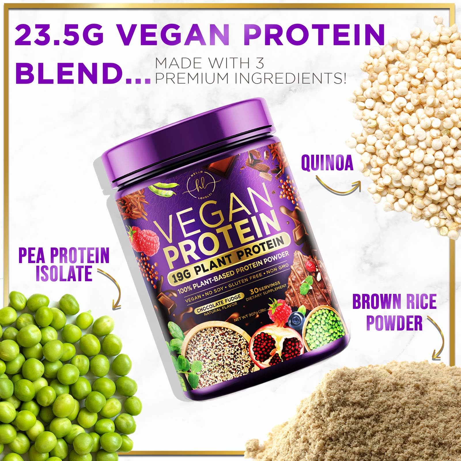 Organic Vegan Protein Powder - Chocolate Fudge Flavor | 100% Plant-Based Protein with 3.4g BCAAs | Dairy-Free, Gluten-Free, Non-GMO | Easy Digesting for Women & Men | 2lb (30 Servings) | Perfect for Post-Workout Recovery & Meal Replacement