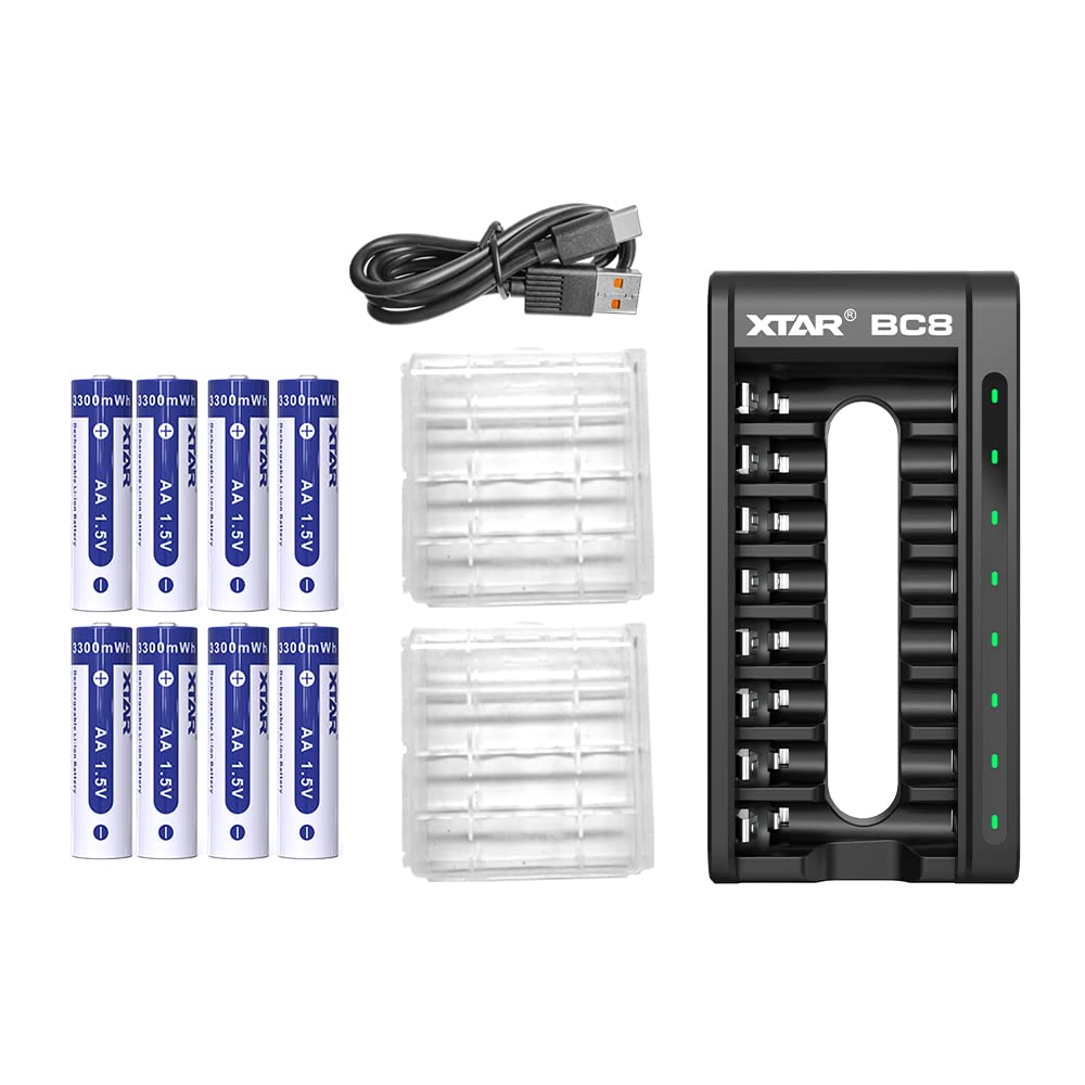 XTAR BC8 1.5V AA Lithium Battery Charger with 8 Rechargeable Batteries - Fast Charging for Flashlights, Cameras, Toys & Electronics (BC8 Charger + 8x AA Batteries) - Perfect for Home, Office & Outdoor Use