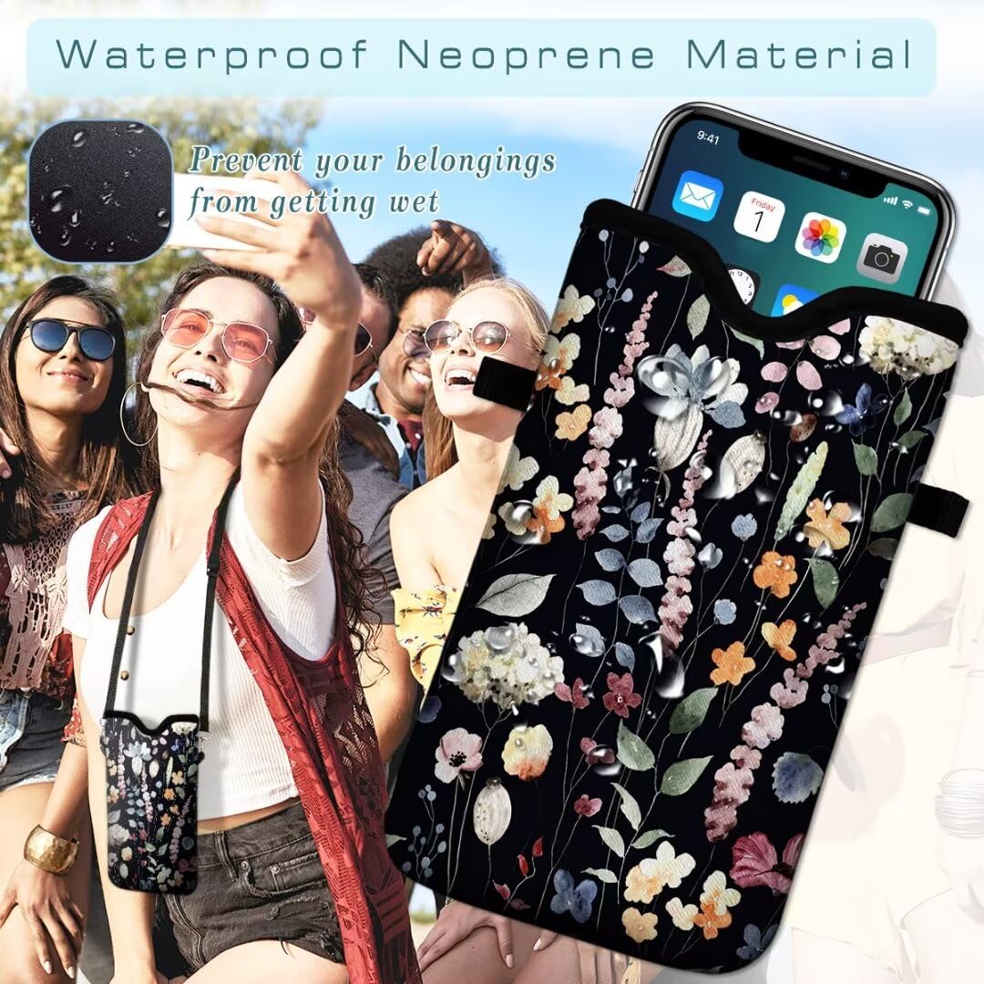 Neoprene Crossbody Phone Pouch with Lanyard - Compatible with iPhone 16/15/14/13/12 & Samsung S24/S23+/A35 - Stylish Floral Design for Women - Perfect for Travel, Gym, Shopping & Everyday Use