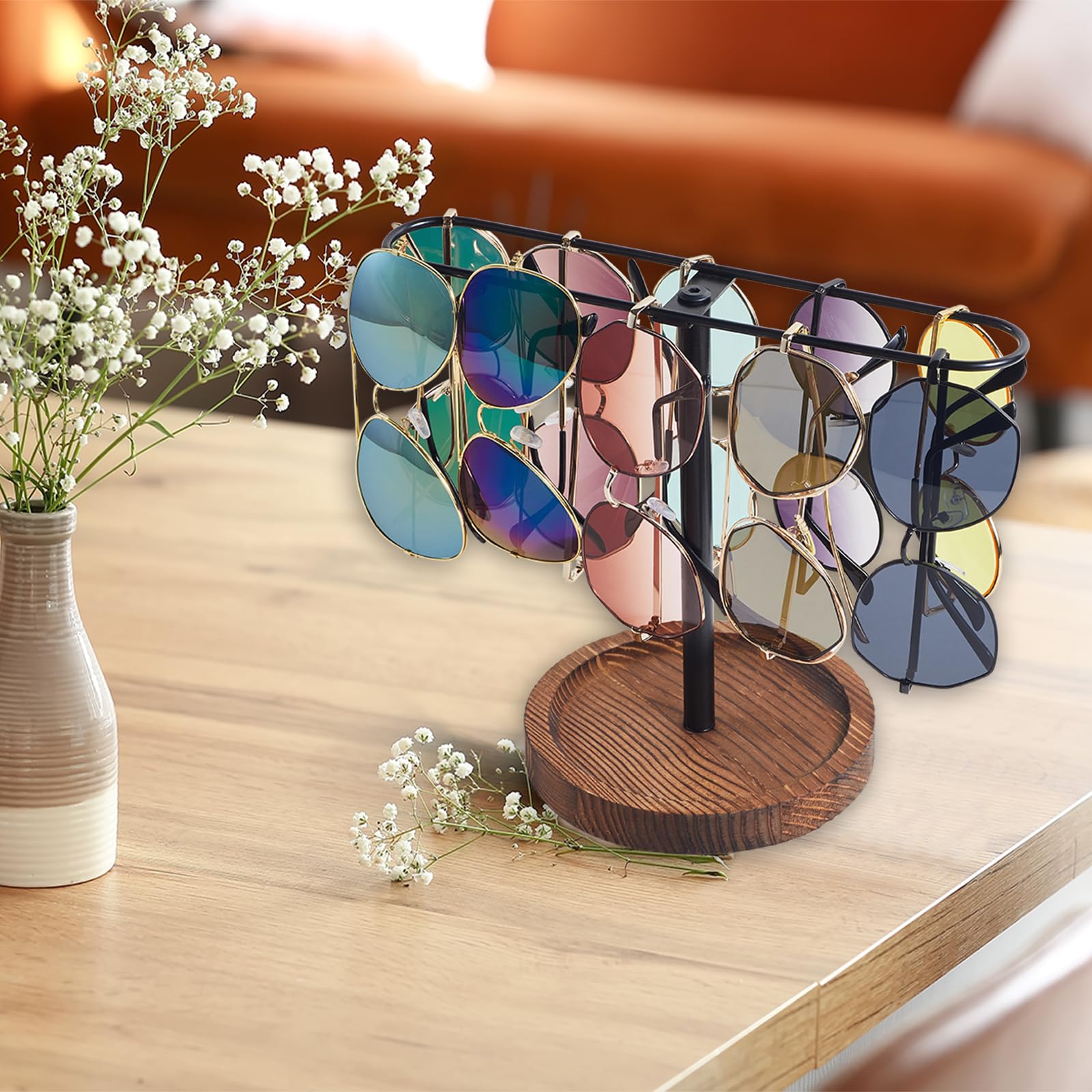 Wooden & Metal Sunglasses Organizer Stand - Multi-Glasses Holder for Men & Women - Eyeglass Storage Rack for Dresser, Desk, Nightstand - Perfect for Bedroom, Office & Travel Accessories Organization