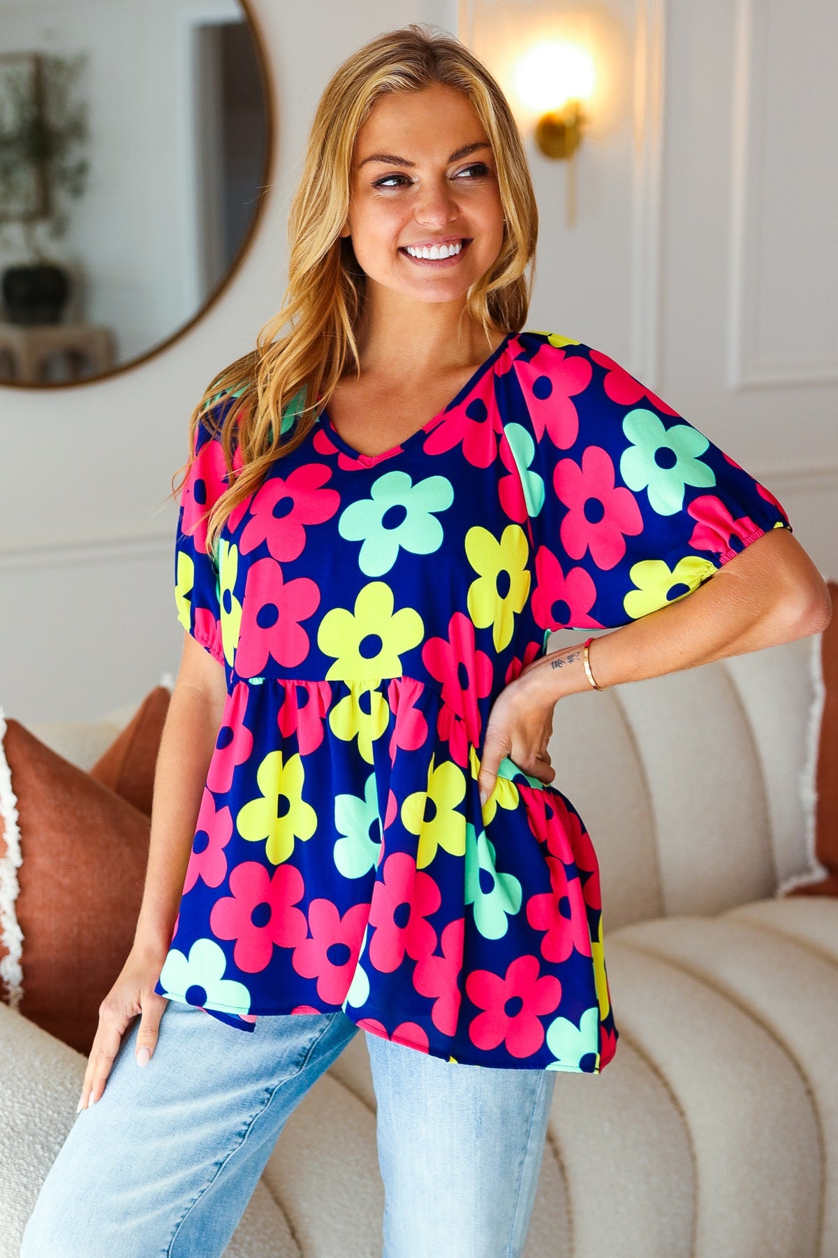 Haptics Navy Blue Floral Print Bubble Sleeve Babydoll Raglan Top - Casual Chic Blouse for Women, Perfect for Date Nights & Summer Outfits