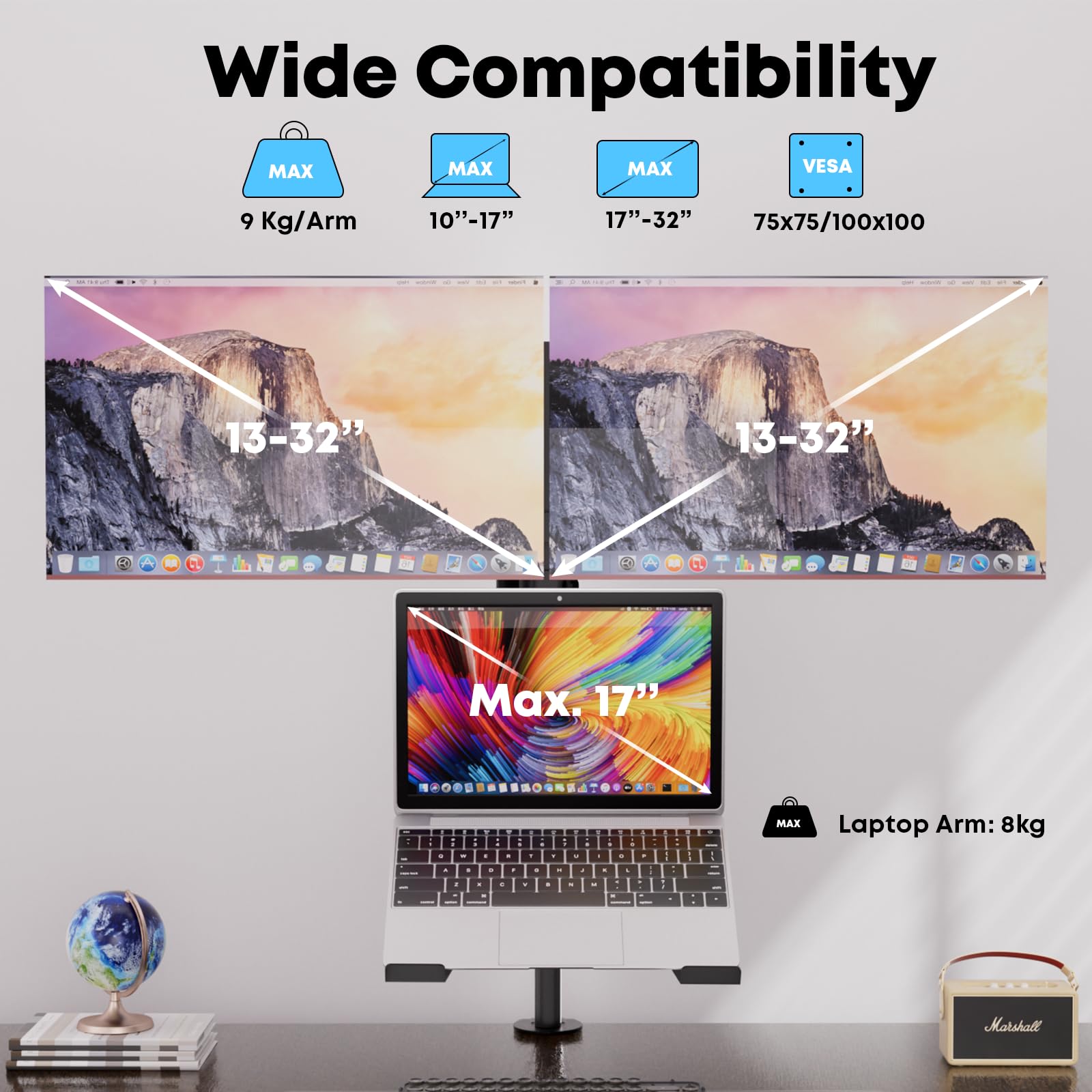 PUTORSEN Dual Monitor and Laptop Stand - Adjustable 3-in-1 Desk Mount for Two 17-32 Inch Screens & 17