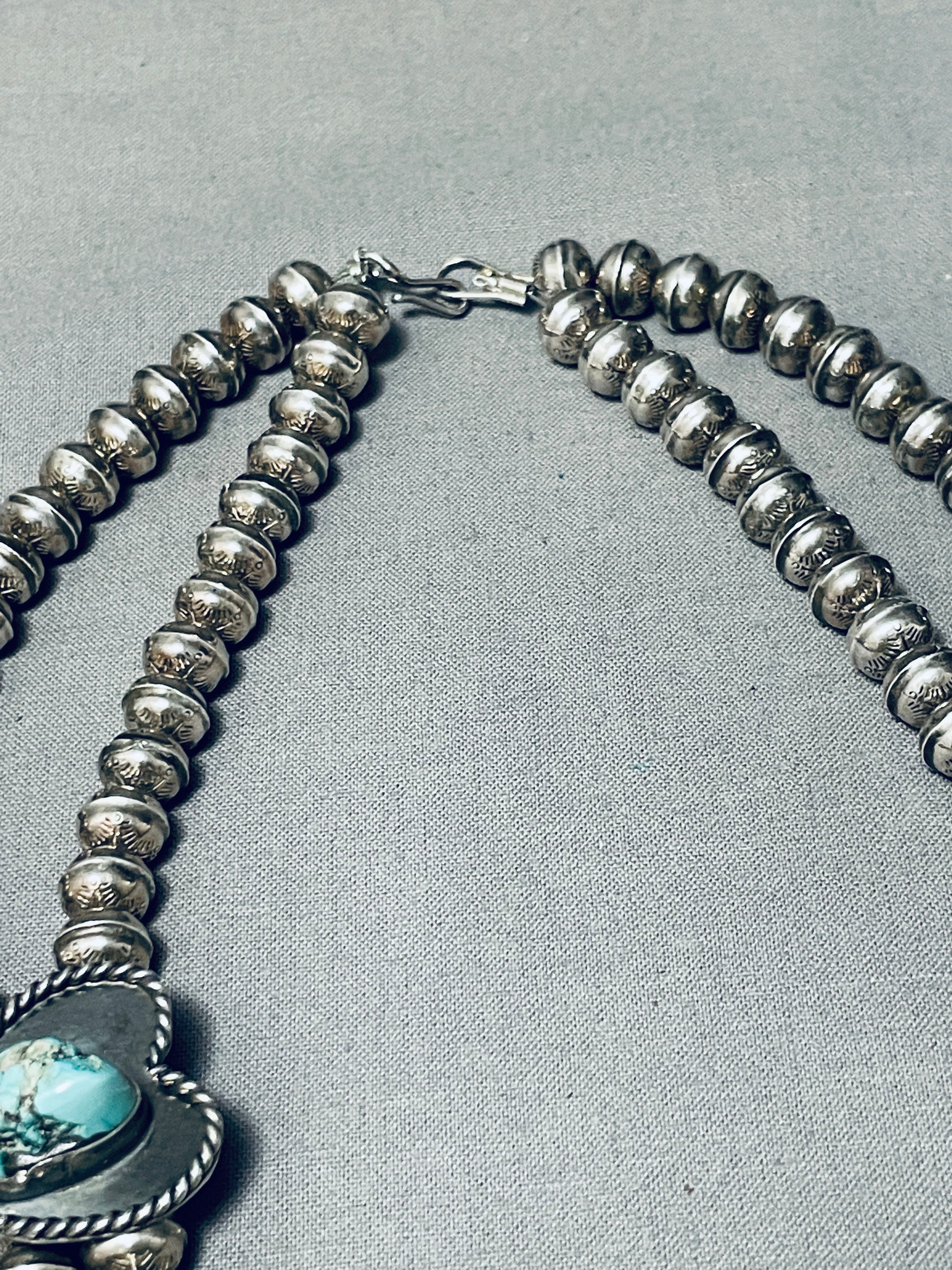 191 Gram Vintage Native American Navajo Turquoise Sterling Silver Squash Blossom Necklace - Handcrafted Jewelry for Women, Perfect for Boho Fashion, Weddings & Special Occasions
