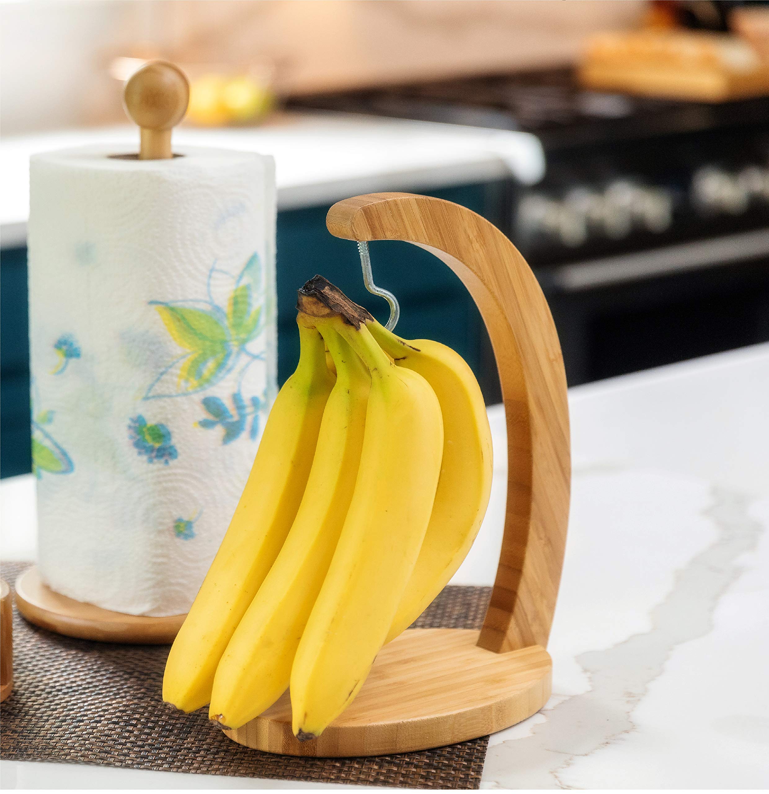Premium Bamboo Banana Holder & Paper Towel Stand - Natural Eco-Friendly Kitchen Organizer for Fruits and Towels | Perfect for Countertop, Pantry, and Dining Table Decor