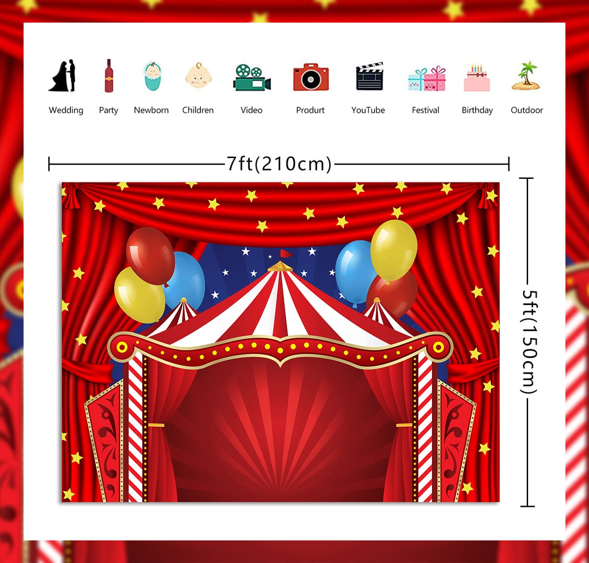 Red Circus Carnival Backdrop - Stars Photography Background for Birthday Parties & Baby Showers