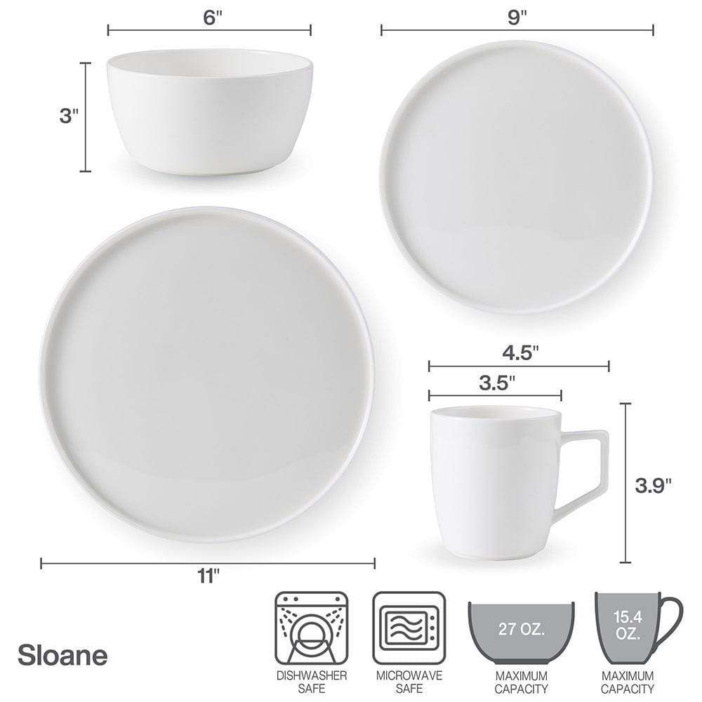 Sloane 16-Piece Dinnerware Set - Porcelain Dinner Plates, Bowls, Mugs for 4 People - Elegant Tableware for Family Dinners, Parties & Restaurant Use