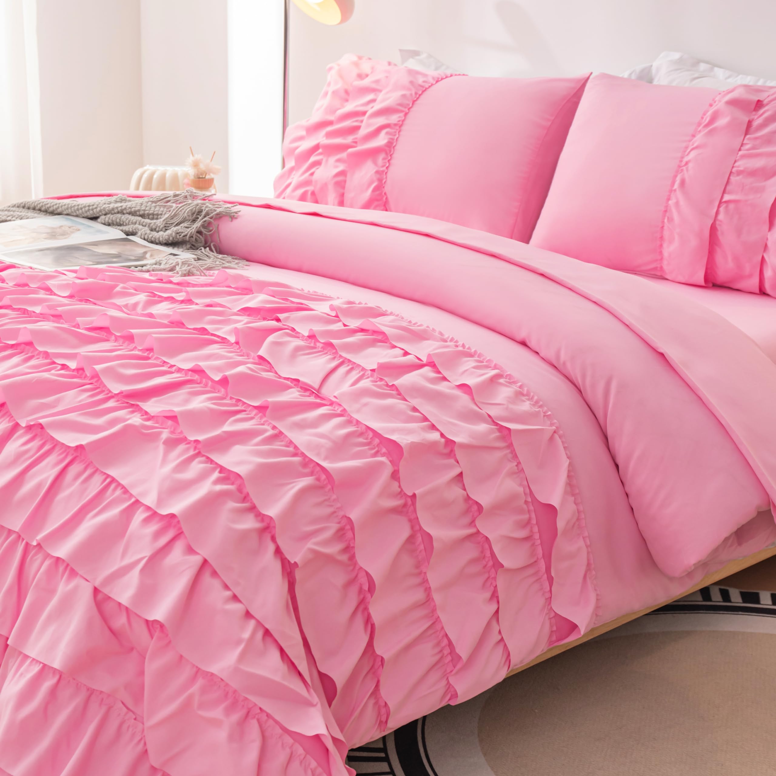 **Pink Princess Dress Comforter Set Queen Size - 5 Piece Teen Girls Bed in a Bag with Ruffled Bedding & Sheets - Perfect for Kids' Room, Birthday Gifts & Princess-Themed Decor**