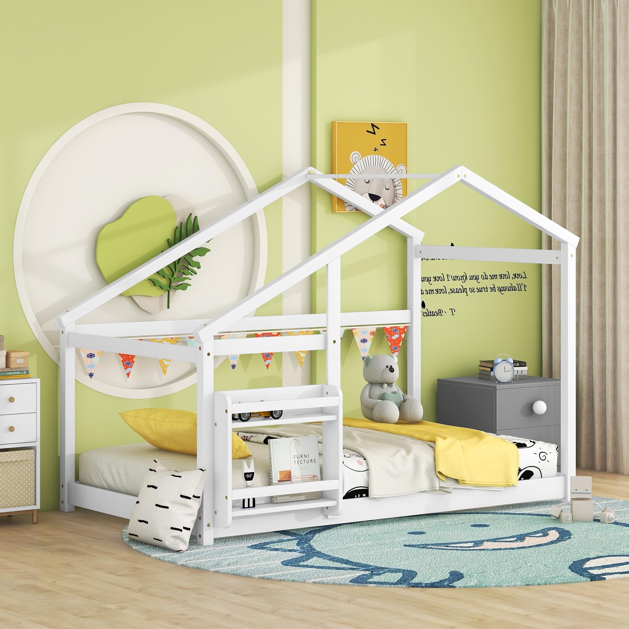 Bellemave Twin Size Wooden House Bed for Kids - Montessori Floor Bed with Built-in Shelf, White - Perfect for Bedrooms, Playrooms & Montessori Learning Spaces
