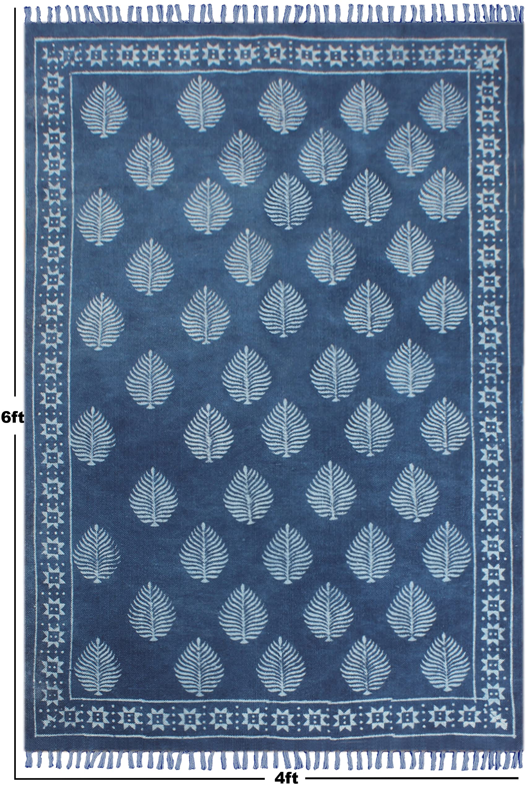 Hand Woven Pure Cotton Area Rug - Indigo Blue Floral Design with Tassels, Reversible Runner Rug (4x15 Feet) for Living Room, Bedroom, Laundry & Bathroom Floor Decor