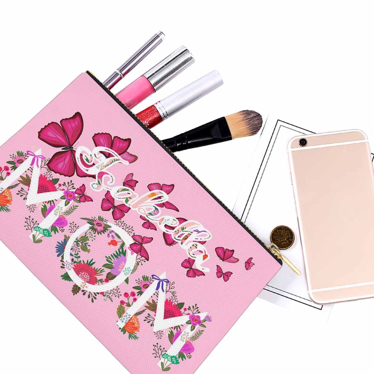 Personalized Makeup Bag with Butterfly Floral Design - Custom Name Cosmetic Pouch for Women, Mom Gift Idea (Pink) | Perfect for Travel, Mother's Day, Bridal Shower & Daily Organizer
