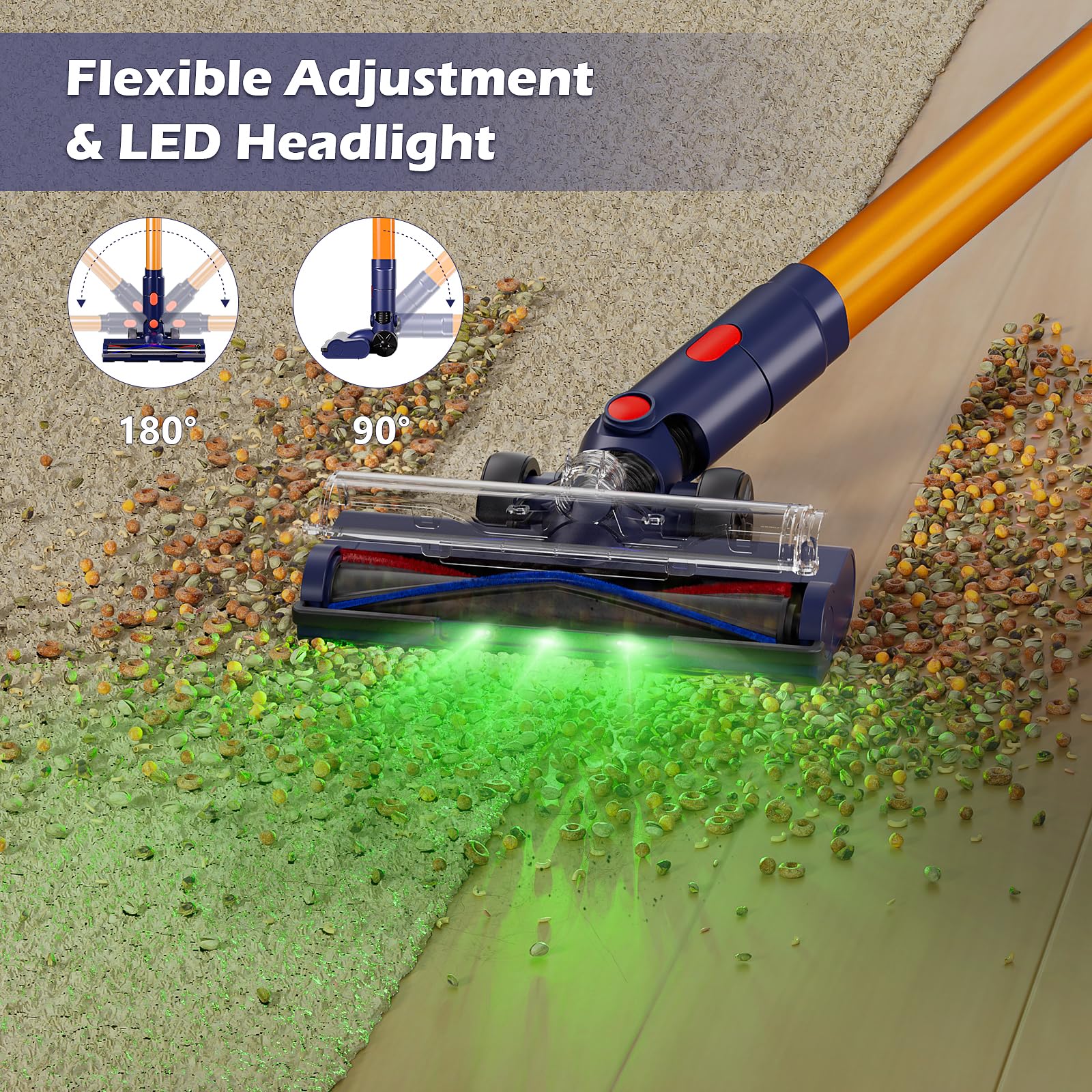35kPa Strong Suction Cordless Vacuum Cleaner with 2200mAh Removable Battery - 6-in-1 Lightweight Handheld Stick Vacuum for Carpets, Hard Floors & Pet Hair - Anti-Tangle & Portable Design - Perfect for Home Cleaning, Car Detailing & Pet Hair Removal (Orange)