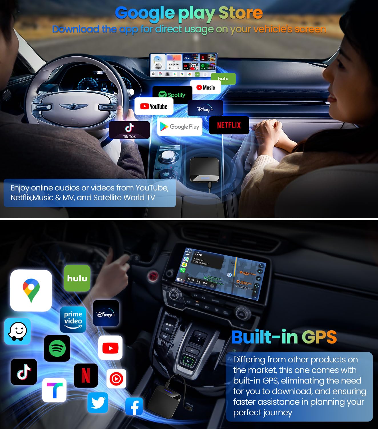 Wireless CarPlay Android Auto Adapter - 8 Core Magic AI Box with Google Store, Disney+, Netflix & YouTube - Built-in Navigation & SIM/TF Card Support - Only for OEM Wired CarPlay Vehicles - Perfect for Road Trips, Commuting & In-Car Entertainment