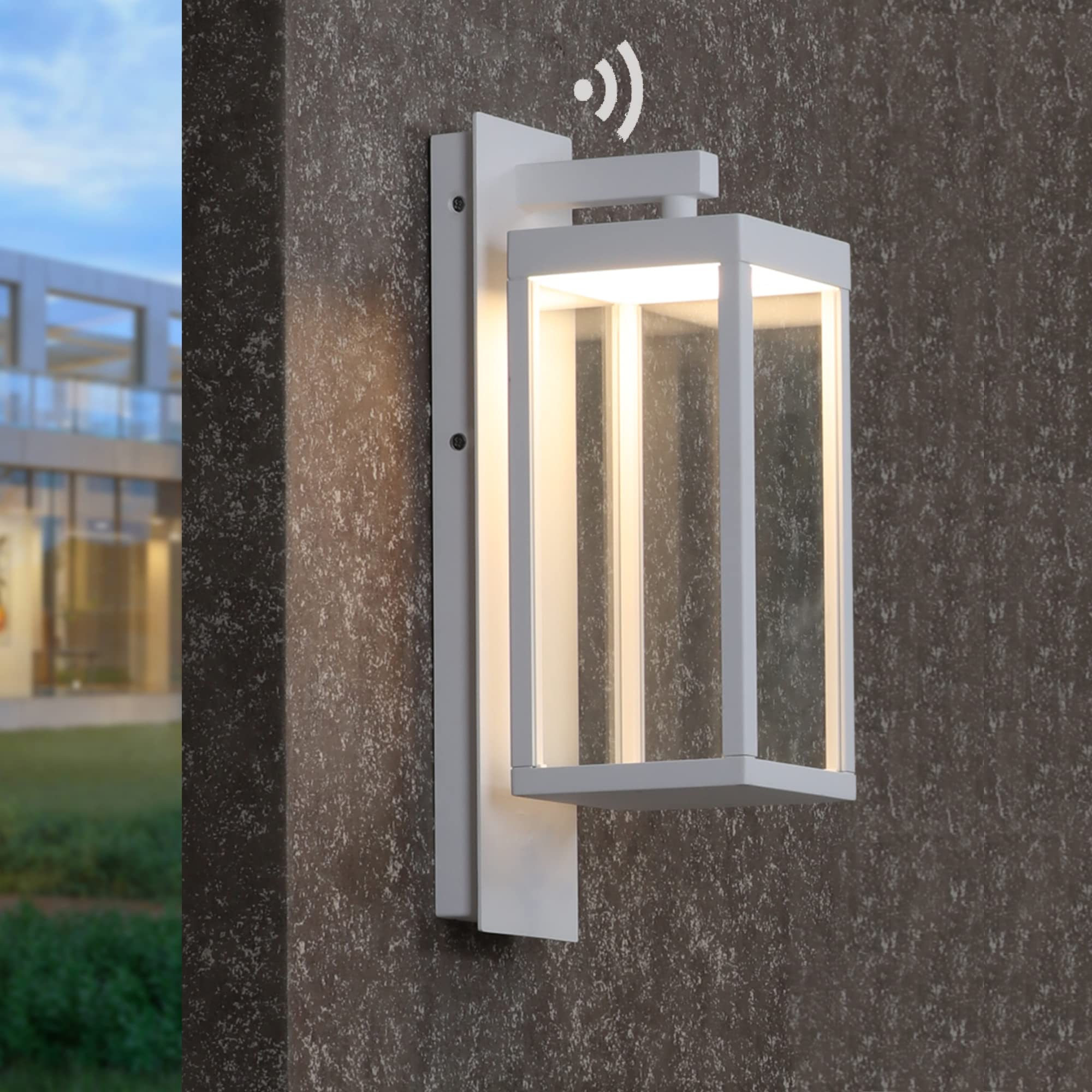 Outdoor Wall Sconce Lantern with Dusk to Dawn Sensor - White LED Exterior Light, IP54 Waterproof, Aluminum Wall Mount Lamp - 13W 800Lm 3000K Warm Light for Porch, Front Door, Garden, Patio & Pathway Lighting
