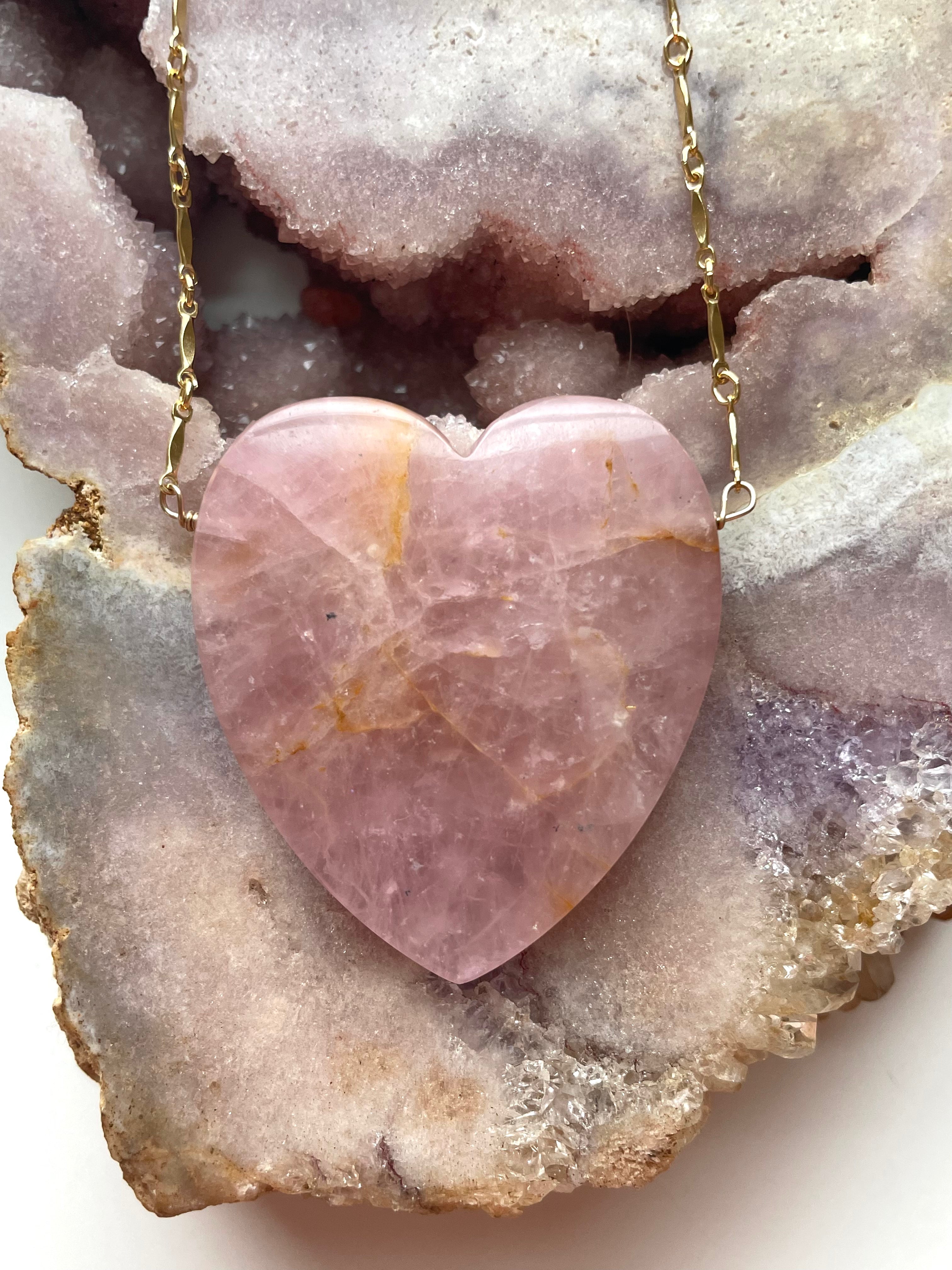 Large Rose Quartz Heart Pendant Statement Necklace - 14K Gold Filled Crystal Jewelry for Women, Gift for Her, Valentine's Day, Anniversary & Special Occasions