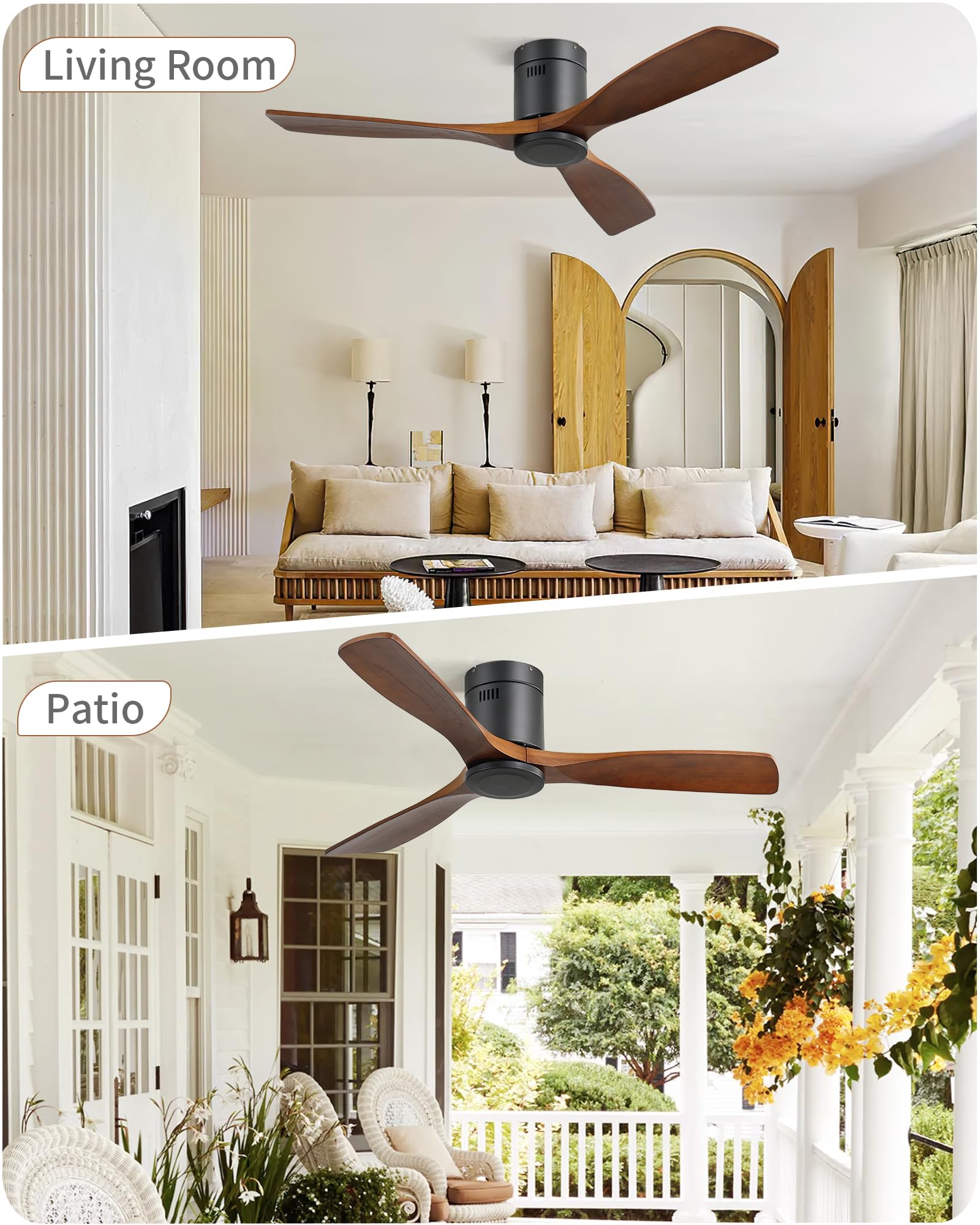 52 Inch Low Profile Flush Mount Ceiling Fan No Light - 6 Speed & 3 Timer Remote Control, 3 Wood Blades, Ultra Quiet Reversible DC Motor - Perfect for Bedrooms, Living Rooms, Patios, and Outdoor Covered Spaces
