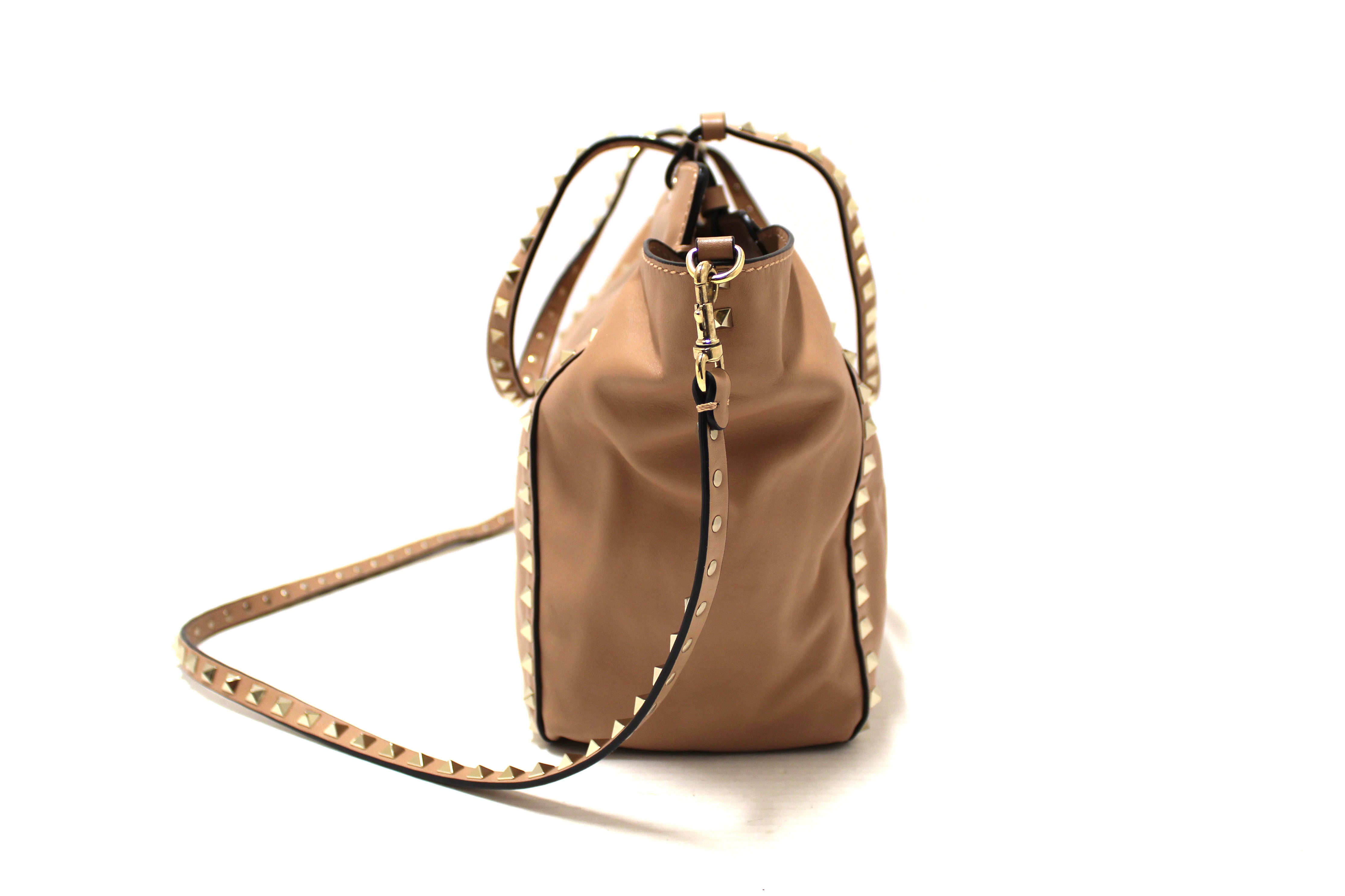 Authentic Valentino Medium Rockstud Beige Nappa Leather Tote Shoulder Bag for Women | Luxury Designer Handbag for Work, Travel & Everyday Use