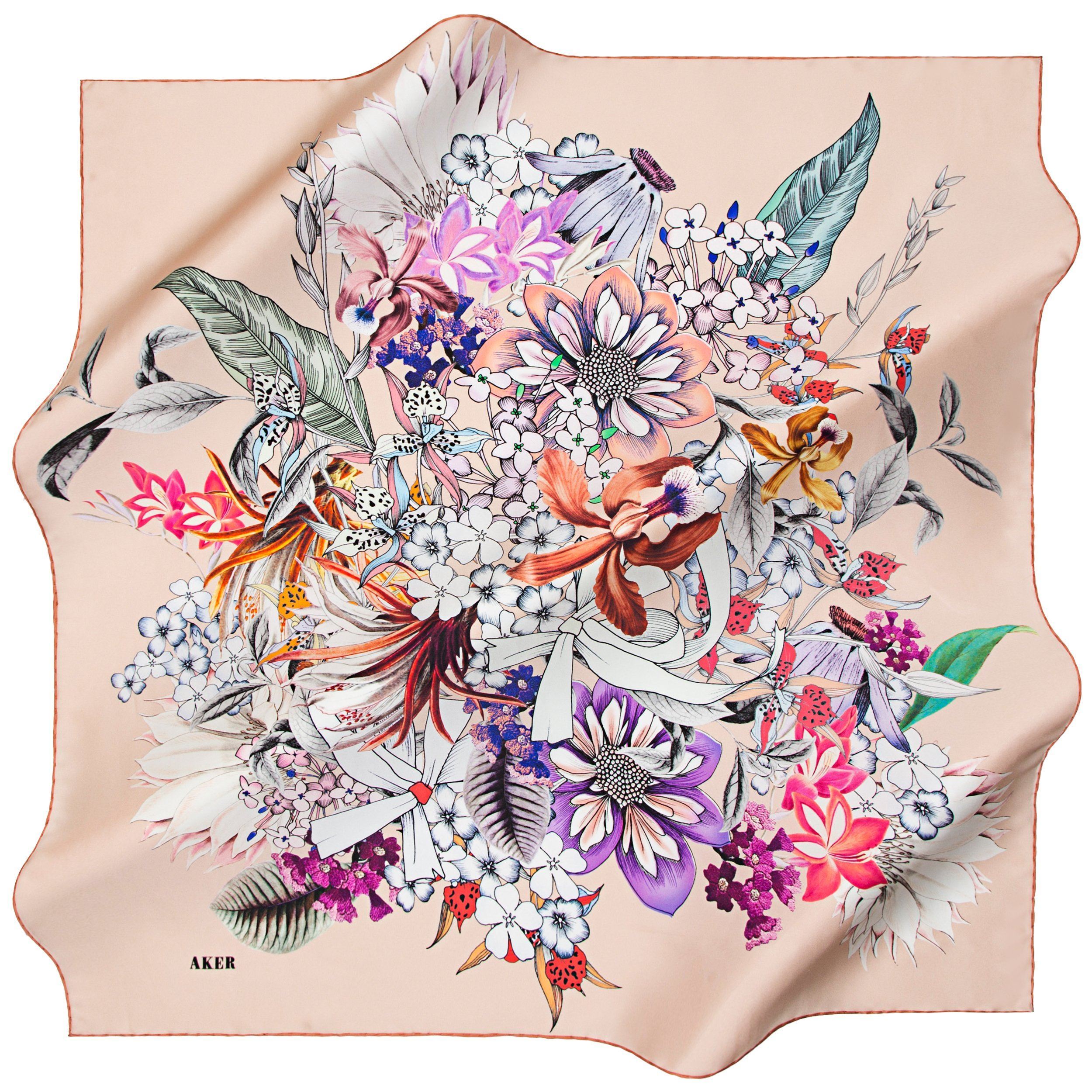 Aker Floral Delight Silk Twill Scarf No. 61 - Elegant Womens Fashion Accessory for Spring Outfits, Weddings & Special Occasions