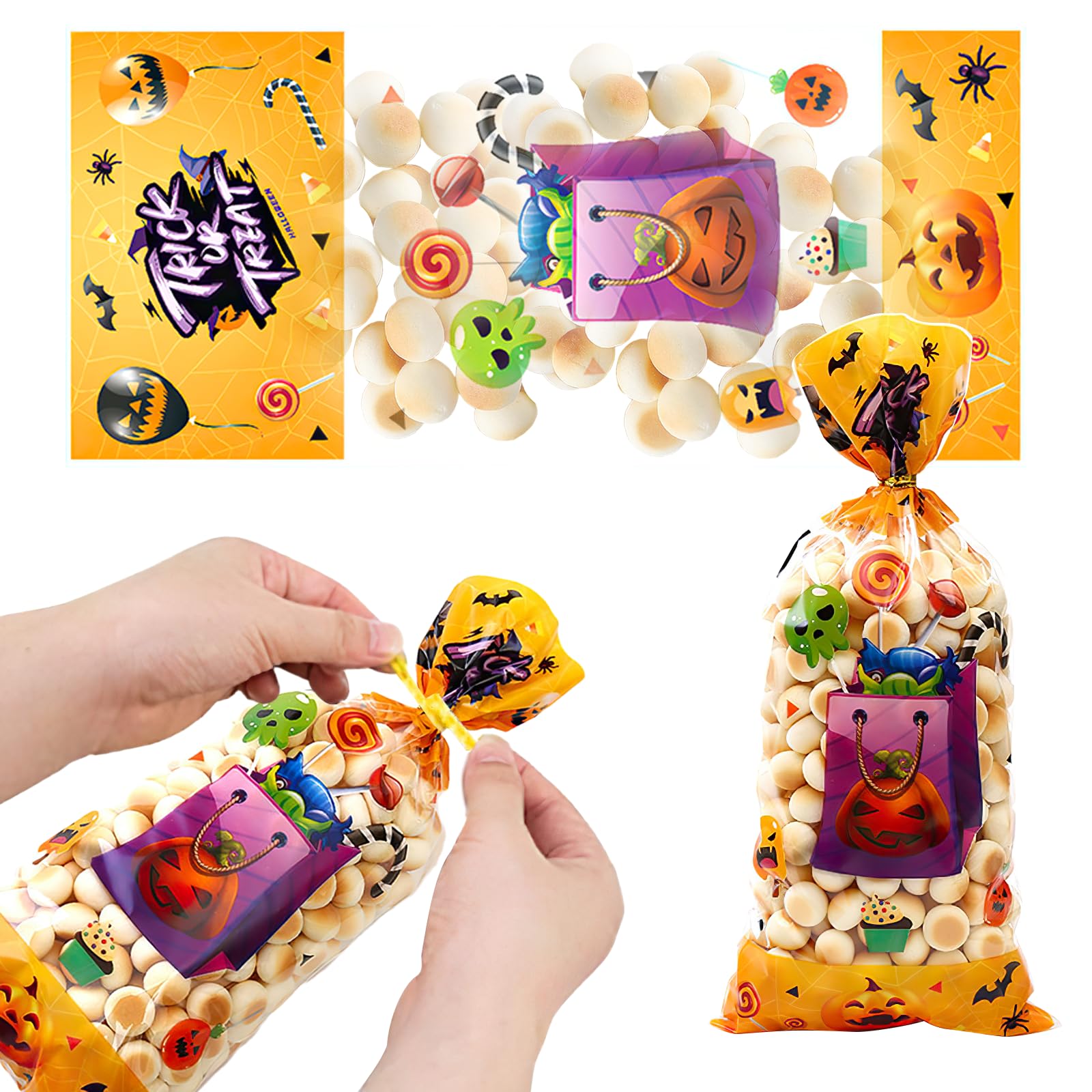 WOVTE 100PCS Halloween Cellophane Candy Bags with 120 Twist Ties - Trick or Treat Goodie Bags for Halloween Party Favors & School Classroom Treats
