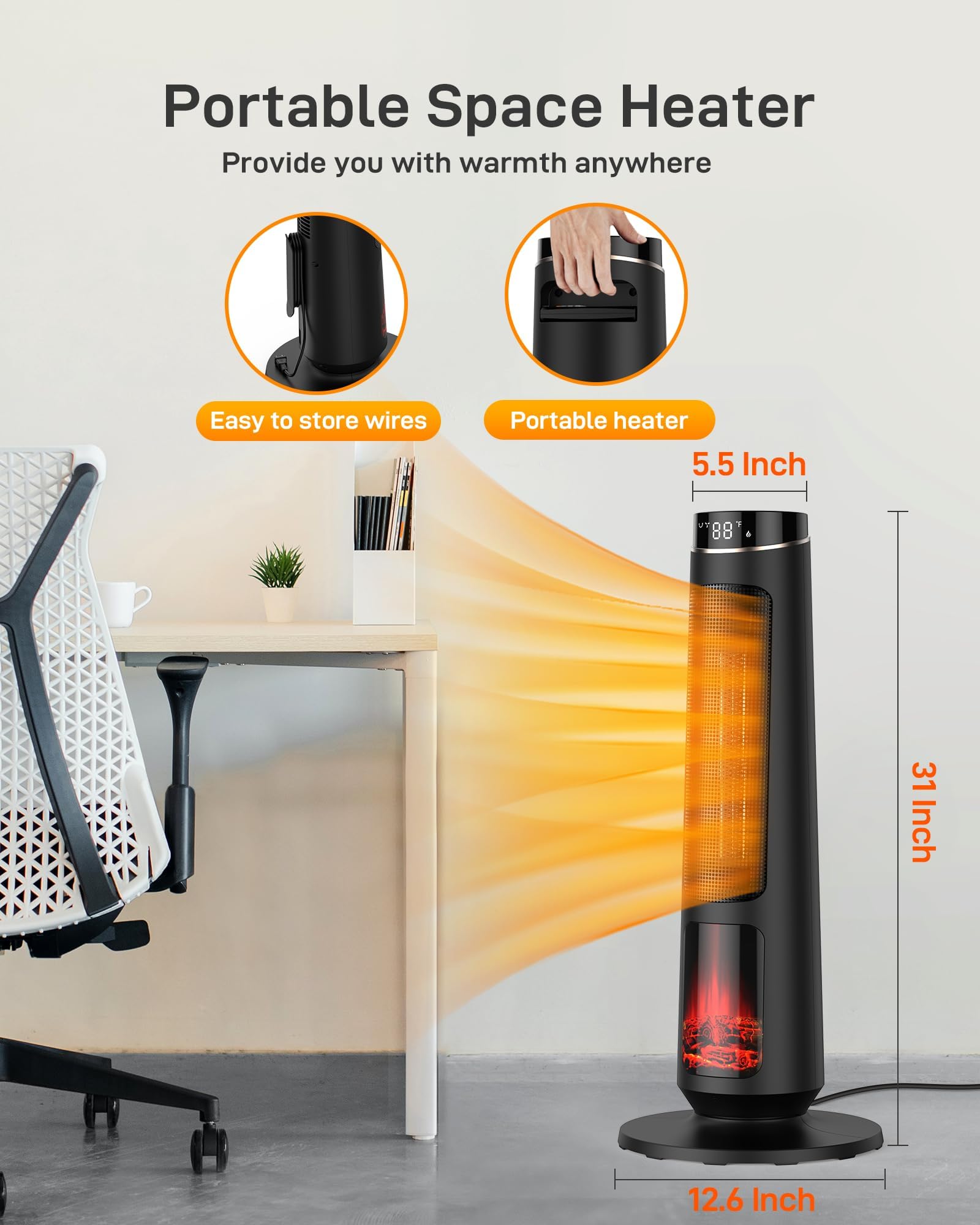 GARVEE 31 Inch 1500W PTC Ceramic Tower Heater with Remote Control - Fast Heating for Large Rooms, Offices & Bedrooms - Energy Efficient Space Heater with Overheat Protection & Timer