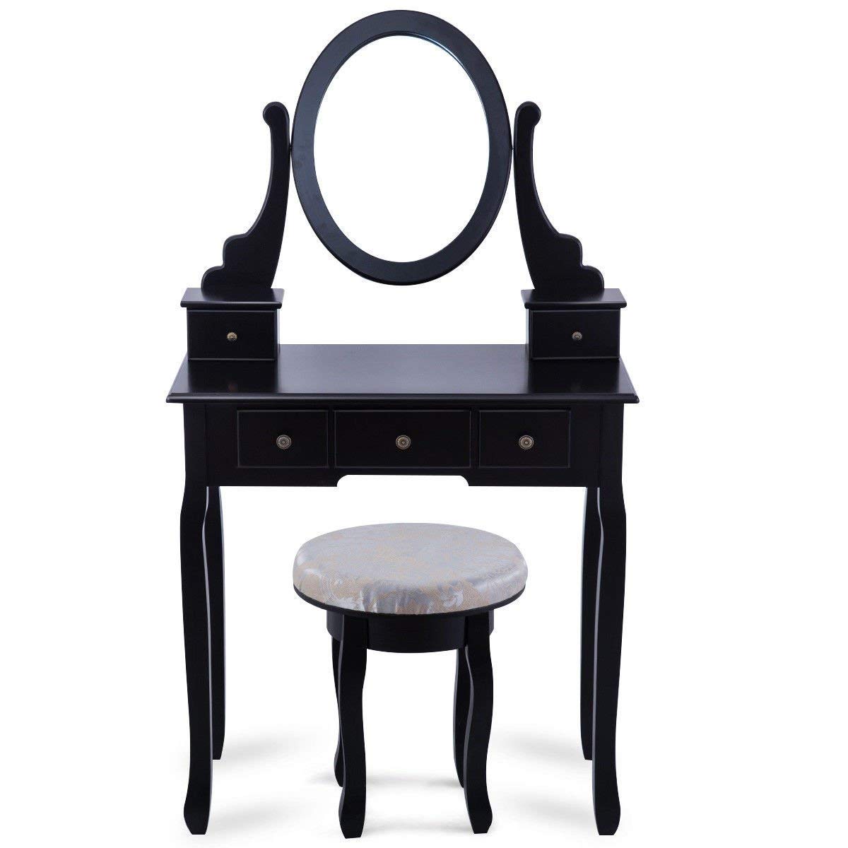 Casart Vanity Makeup Table Set with Cushioned Stool & 360° Swivel Mirror - 5-Drawer Dressing Table for Bedroom, Black Wooden Vanity Set - Perfect for Makeup, Skincare & Jewelry Organization