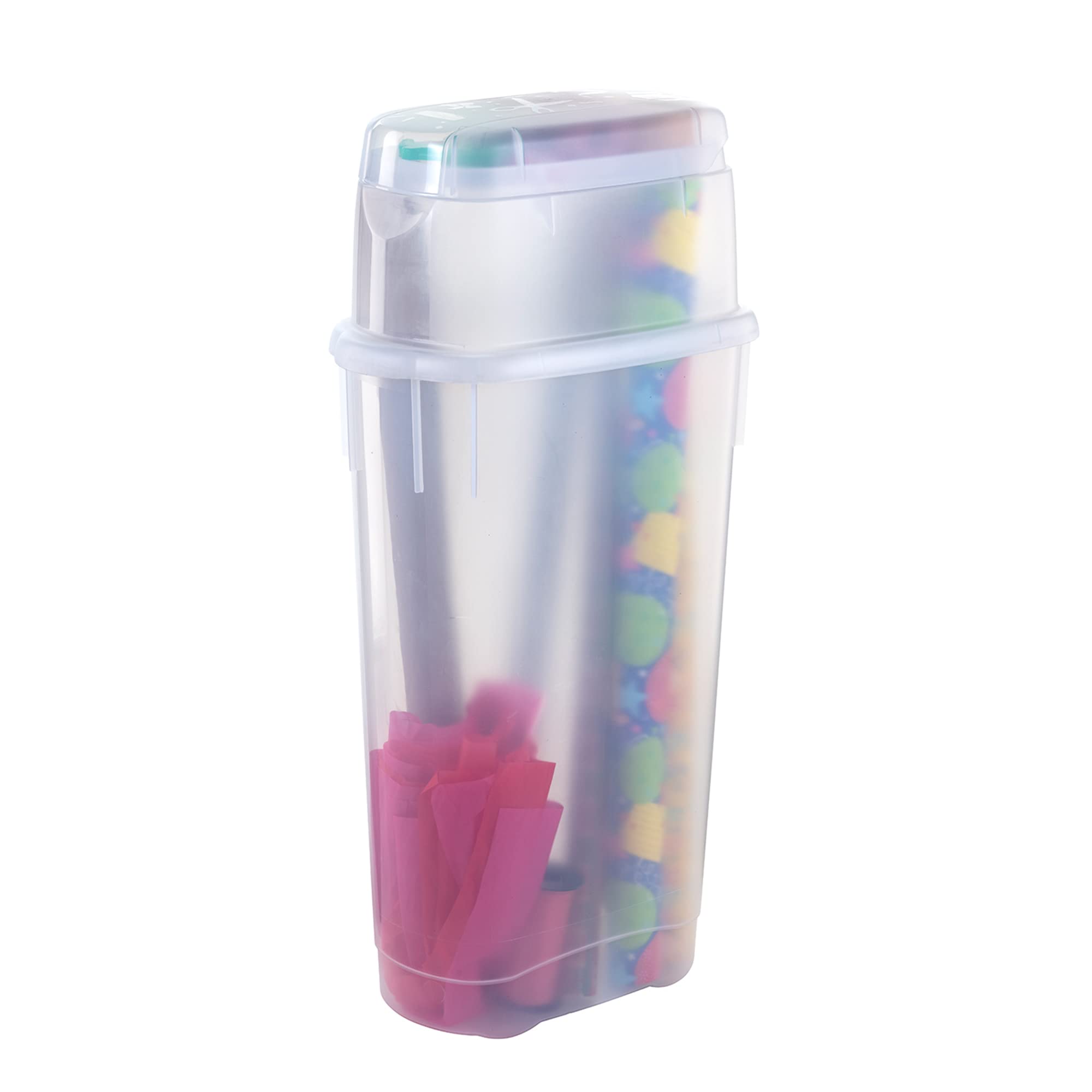 Rubbermaid Wrap N' Craft Plastic Wrapping Paper Organizer - Clear Storage Container with Top Compartment for 20 Standard 30