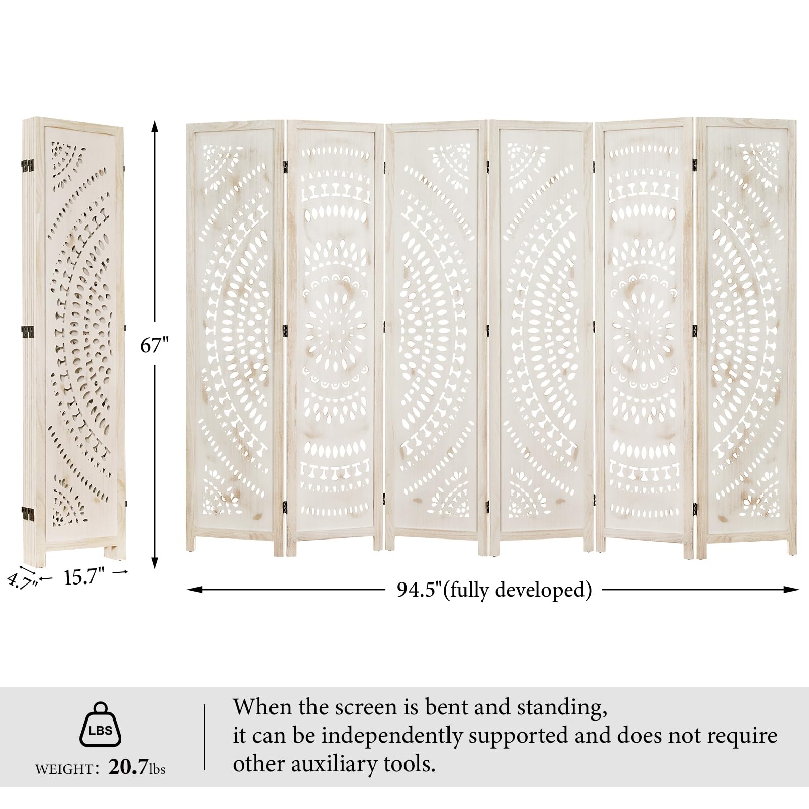 Handcrafted Wooden Room Divider - 6 Panel Folding Partition Screen with Bohemian Carvings, Antique White Finish for Home, Office & Outdoor Spaces | Perfect for Privacy, Room Separation & Decoration in Living Rooms, Bedrooms, Gardens & Terraces