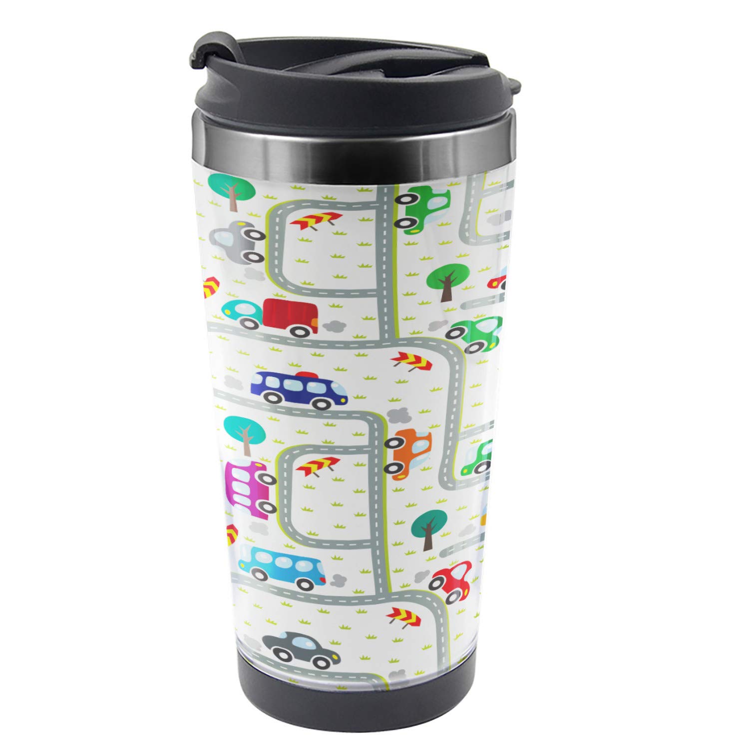 Ambesonne Cars Travel Mug - 16 oz Stainless Steel Thermal Cup with Vibrant Urban Traffic Design - Perfect for Coffee, Tea & Hot Drinks on the Go - Great Gift for Car Lovers & Commuters
