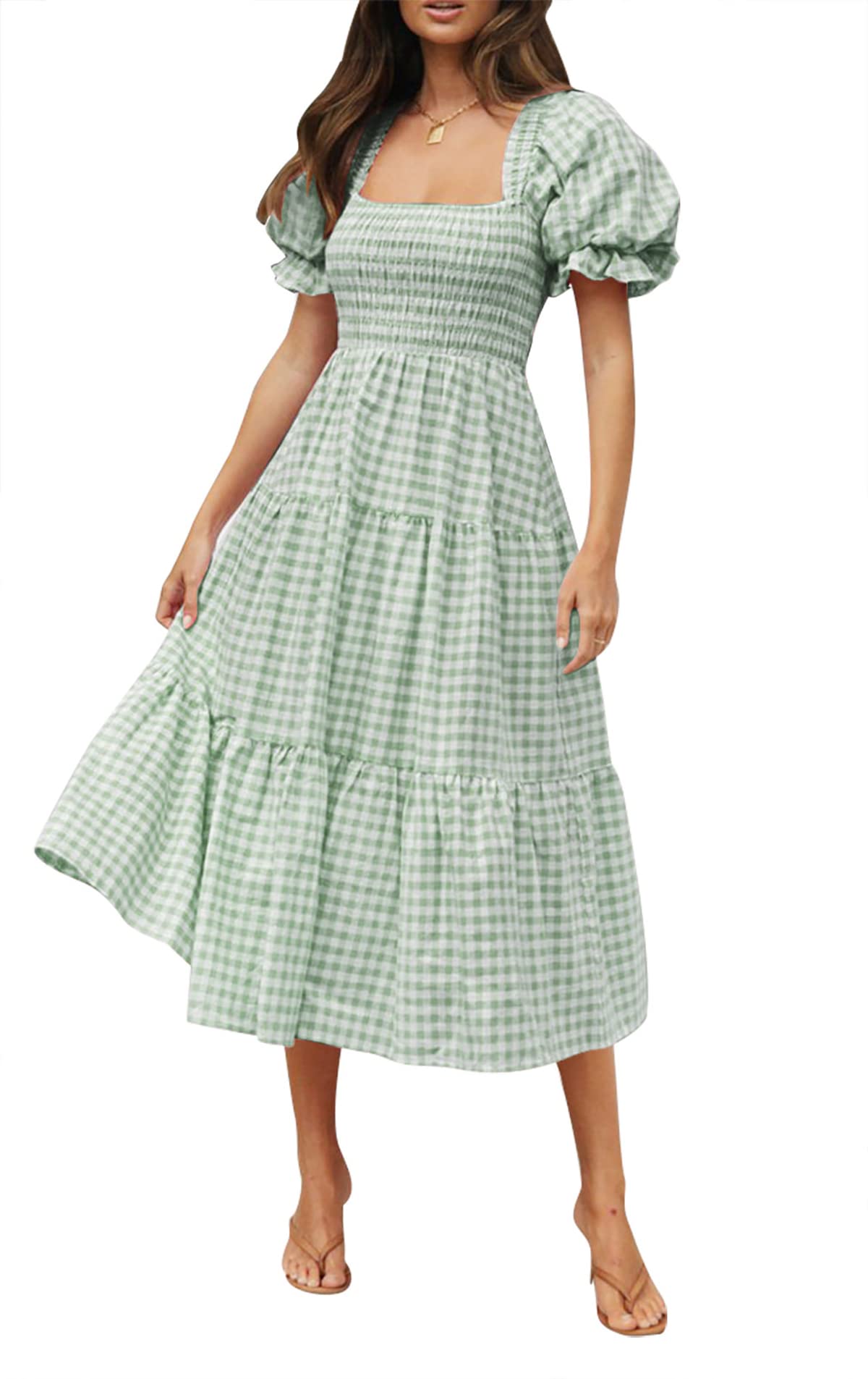 ZESICA Women's 2025 Bohemian Summer Plaid Square Neck Puff Sleeve Ruffle Flowy Midi Dress - Beach Vacation, Garden Party & Casual Outfit
