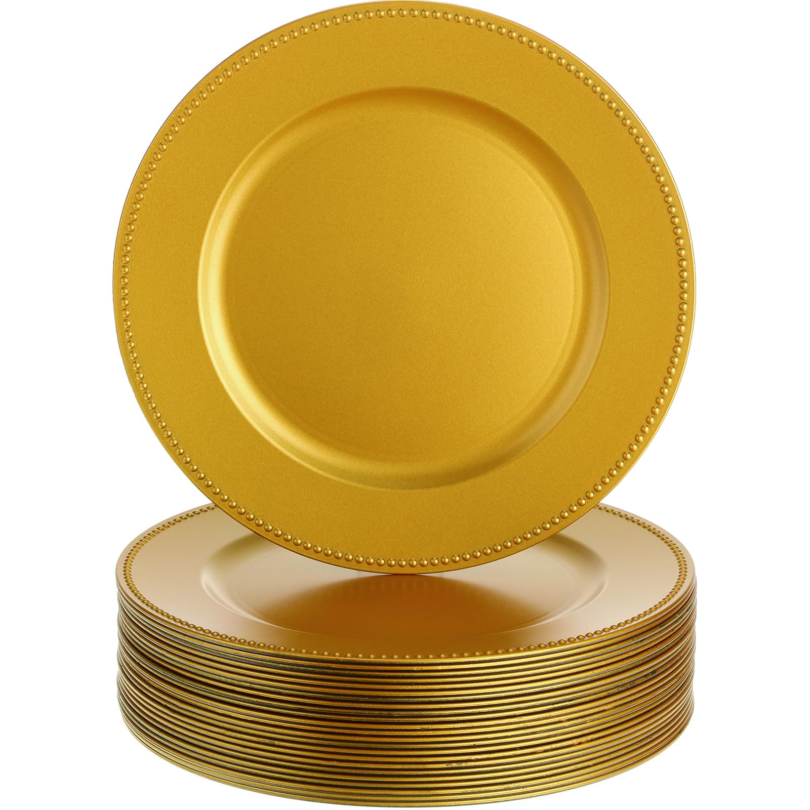 Dandat 50 Pack 13 Inch Gold Plastic Charger Plates with Beaded Rim - Reusable Round Dinner Plates for Wedding, Party & Formal Dining Table Decor - Elegant Table Setting for Special Occasions