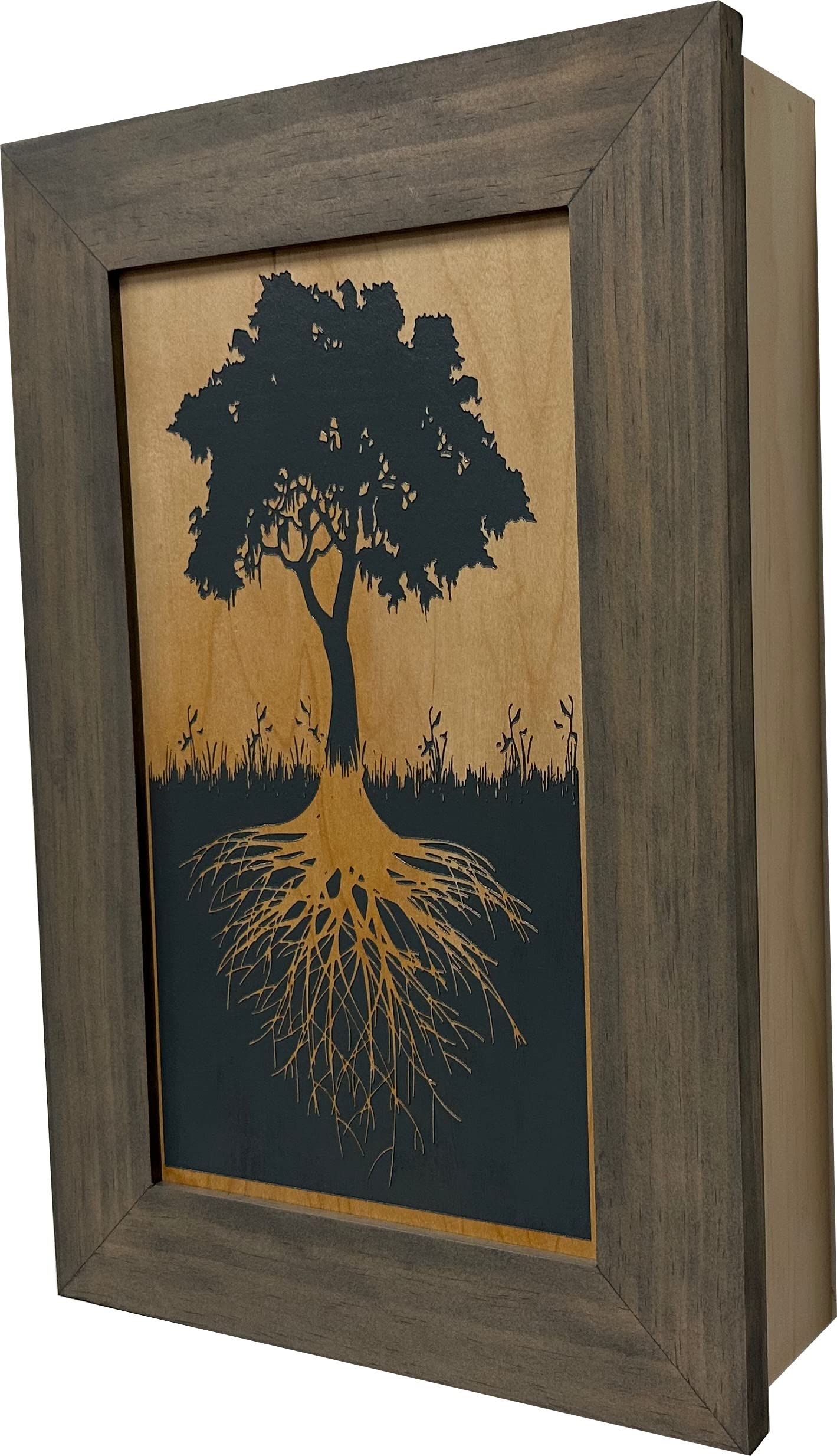 Bellewood Designs Hidden Gun Storage Cabinet with Tree of Life - Concealed Firearm Safe for Home & Office Security (Gray)