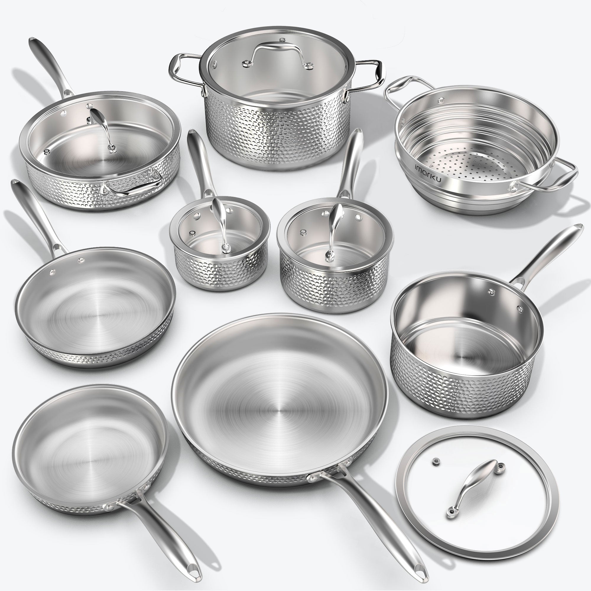 Imarku 14-Piece Stainless Steel Tri-Ply Clad Cookware Set - Professional Kitchen Cookware for Home Chefs, Perfect for Boiling, Frying & Sauteing
