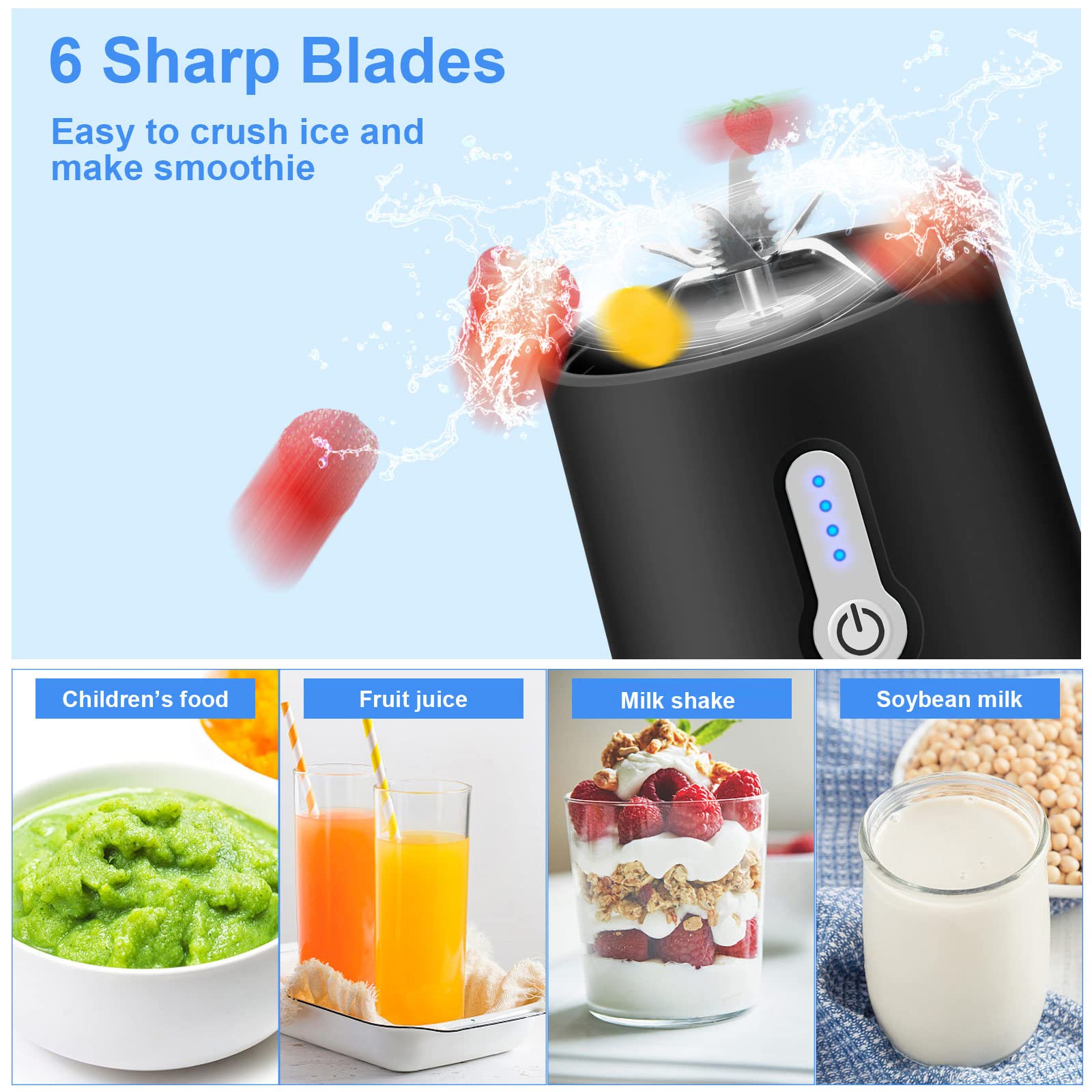 Portable Personal Blender - 15.2Oz USB Rechargeable Smoothie Maker with 6 Stainless Steel Blades, BPA-Free Mini Blender for Protein Shakes, Juices & Smoothies | Perfect for Travel, Gym, Office & Outdoor Activities