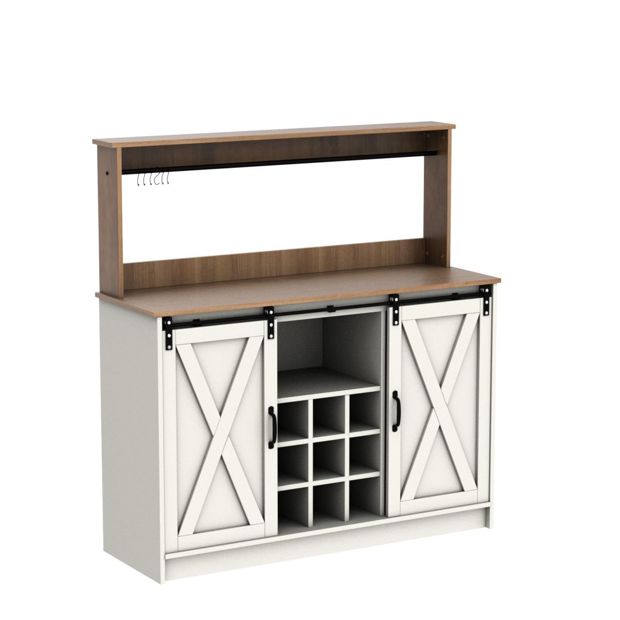 Farmhouse Coffee Bar Cabinet with 6 Hooks & 9 Wine Racks - 47