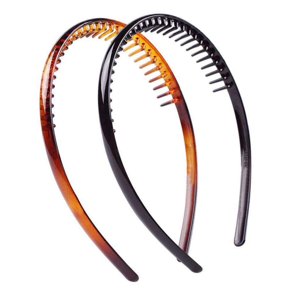 FRCOLOR 2 Pack Unisex Plastic Teeth Comb Headbands - Anti-Slip Hair Hoops for Women & Men (Coffee, Black) - Perfect for Workouts, Sports, and Everyday Hair Styling