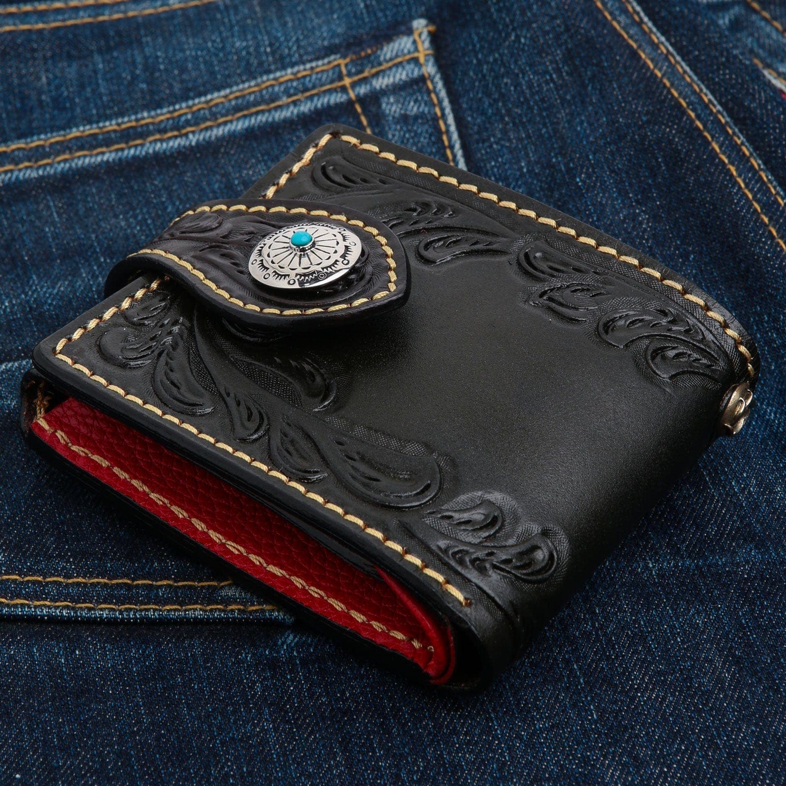 Authentic Leather Turquoise Indian Cowboy Floral Biker Wallet for Men - Handmade Western Style Money Clip Billfold (Perfect for Bikers, Riders & Western Fashion Enthusiasts)