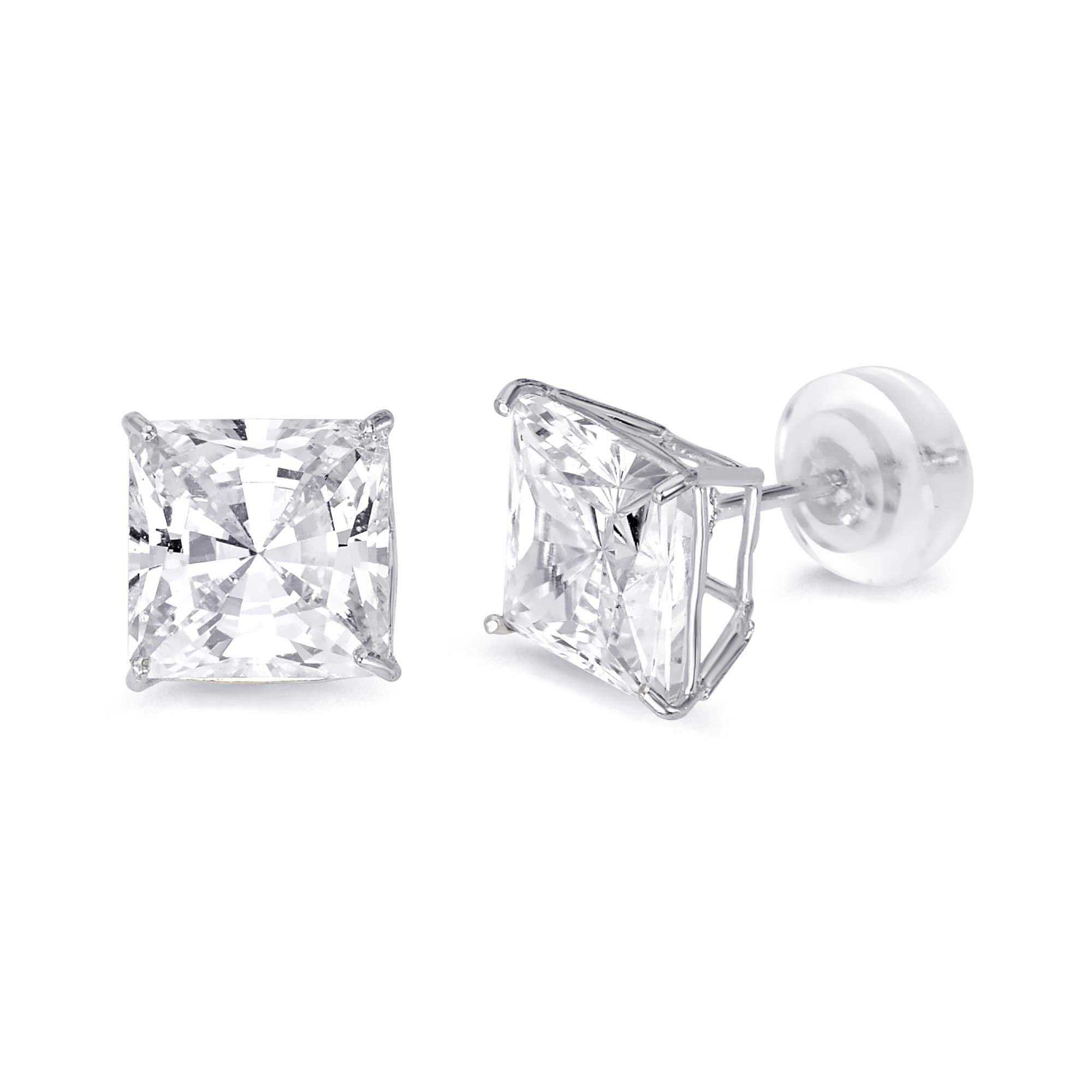 14K White Gold Princess Cut Solitaire Stud Earrings - 7mm Polished Diamond Basket Setting with Push Back Closures - Perfect for Weddings, Anniversaries & Special Occasions