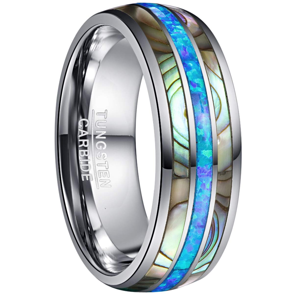 Men's Tungsten Wedding Band - 8mm Comfort Fit Ring with Genuine Blue/Green Opal & Abalone Shell Inlay - Size 7-12 - Perfect for Engagement, Anniversary & Everyday Wear