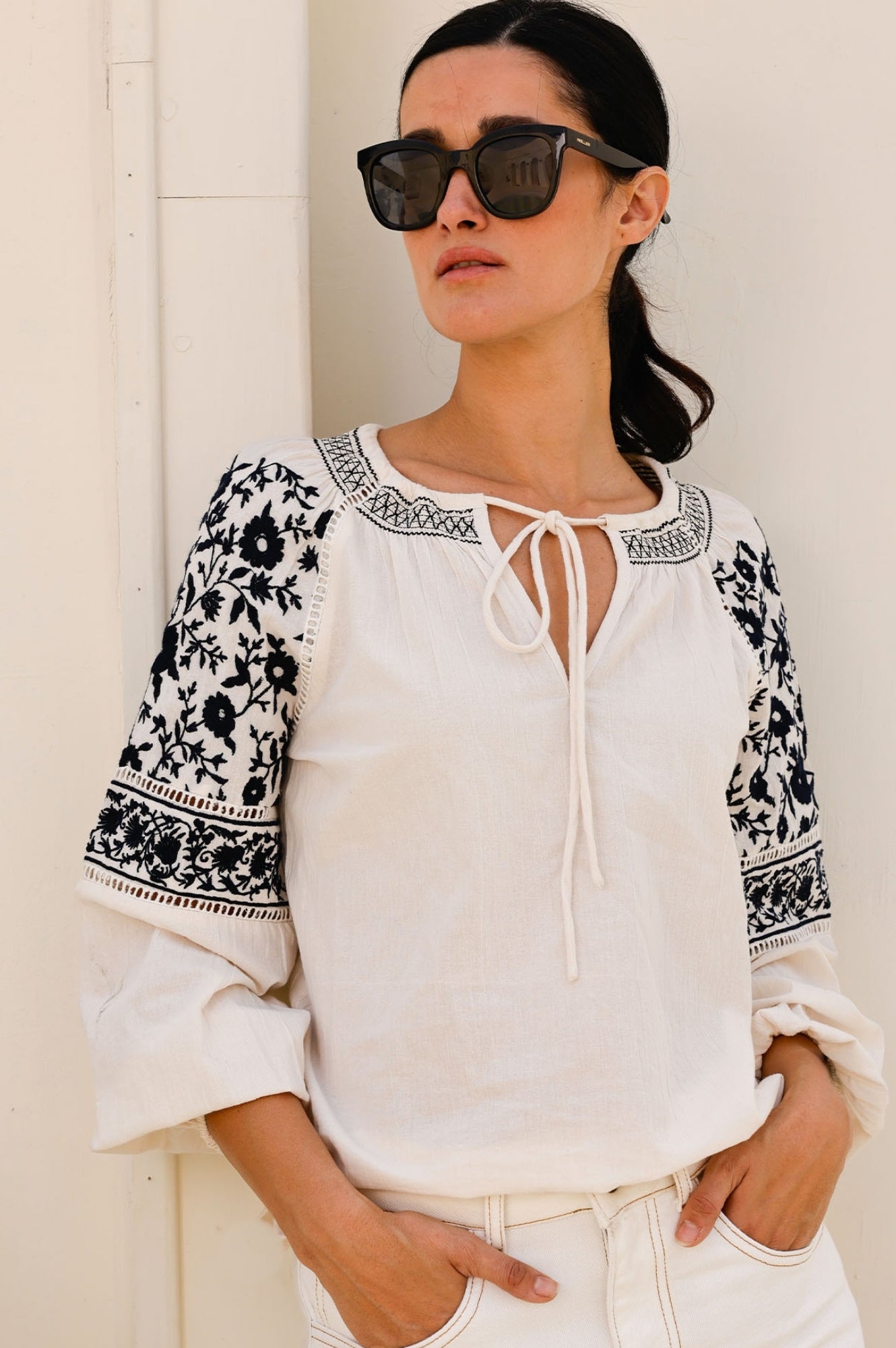 Ida Embroidered Top Women's Fashion Blouse - Ecru/Navy Black Color Options | Perfect for Casual Outings, Date Nights & Office Wear