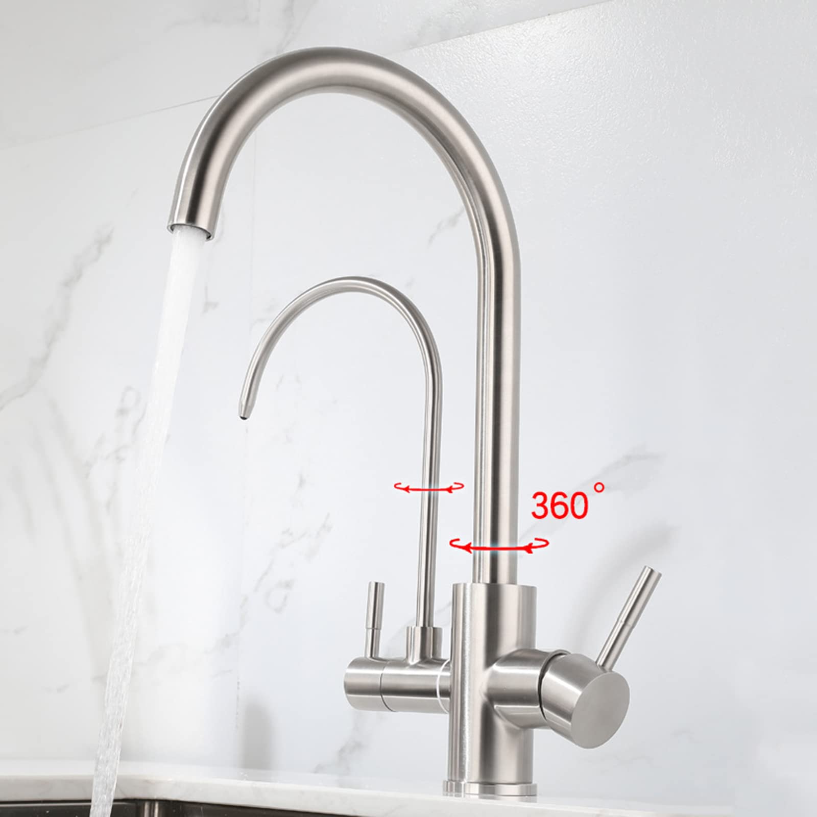 3-Way Stainless Steel Brushed Kitchen Faucet with Swivel Spout - Water Filter Faucet for Sink, Perfect for Modern Kitchens & Water Purification Systems