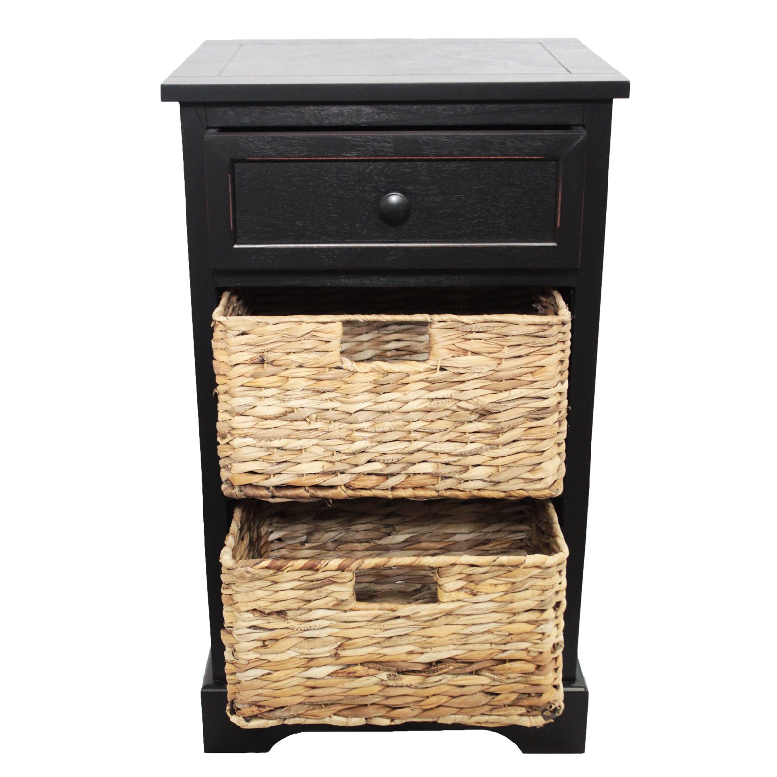 Urban Designs Espresso Malibu 3-Drawer Nightstand with Wicker Baskets - Medium Brown Bedside Table for Bedroom, Living Room, or Office Storage