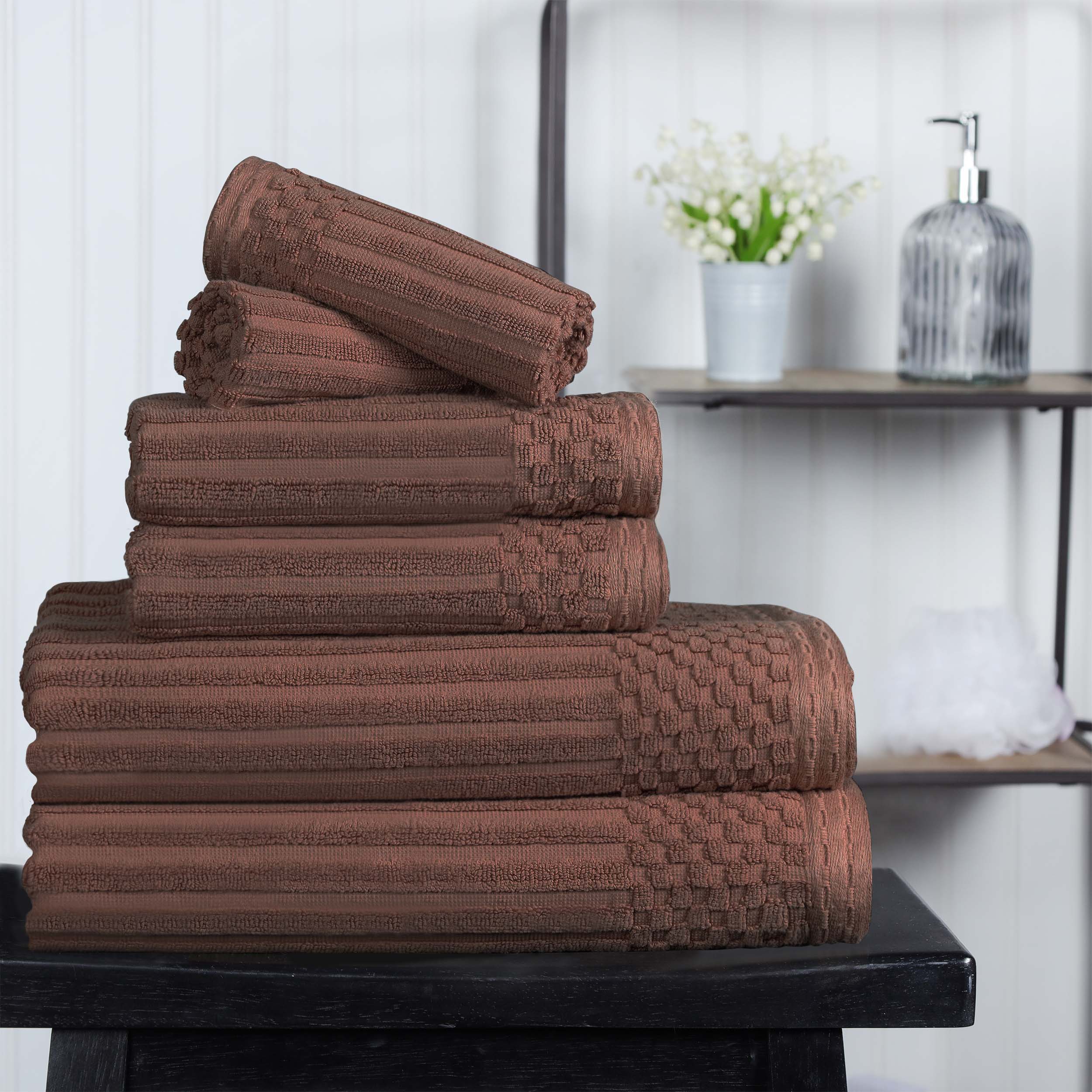 Premium 6-Piece Cotton Ribbed Textured Towel Set - Medium Weight, Soft & Absorbent Bath Towels for Spa, Gym, and Everyday Use