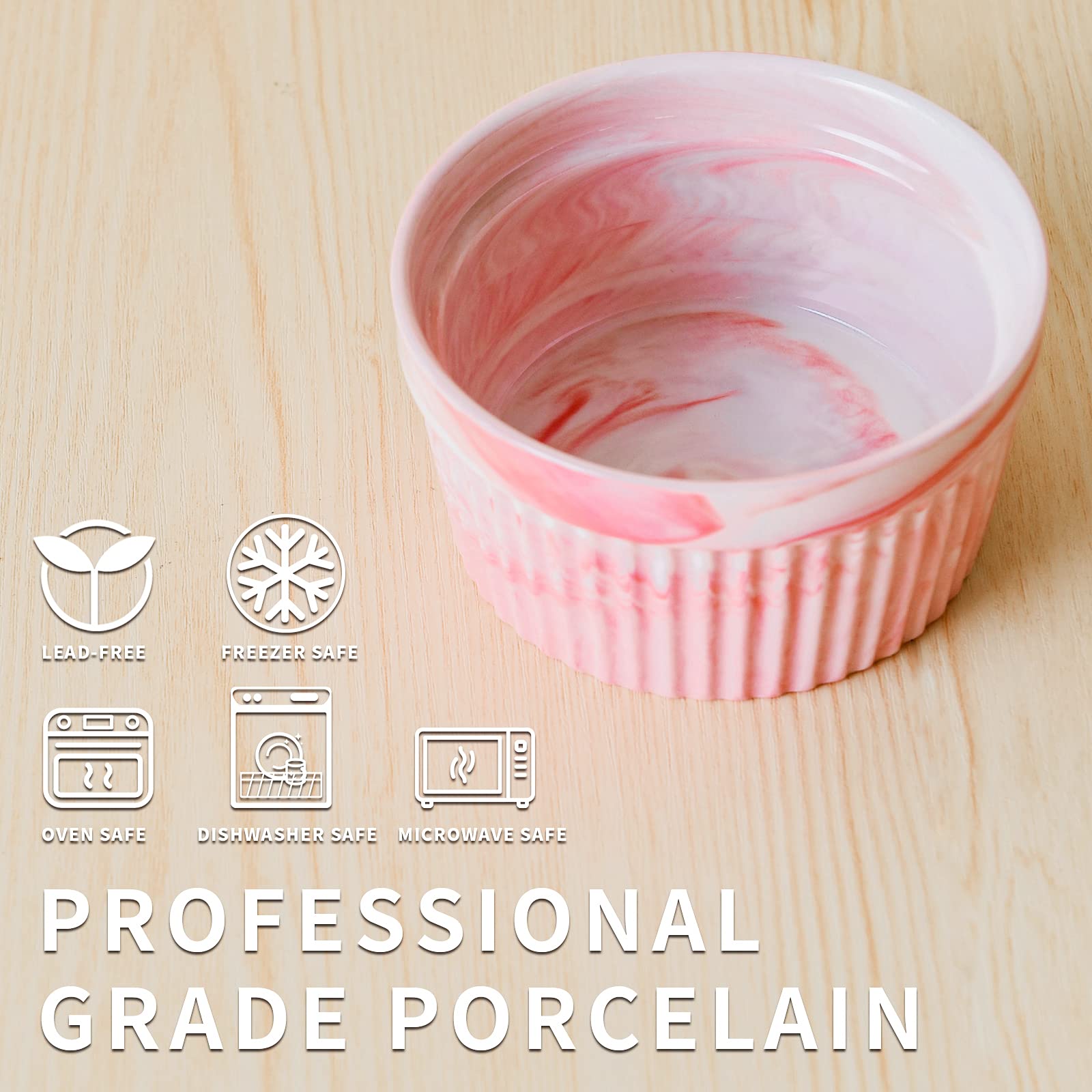 Yundu 8oz Pink Marble Ceramic Ramekins - Oven Safe Baking Bowls for Creme Brulee, Souffle, Desserts (Set of 6) | Perfect for Home Baking, Kitchen Decor & Elegant Dinner Parties